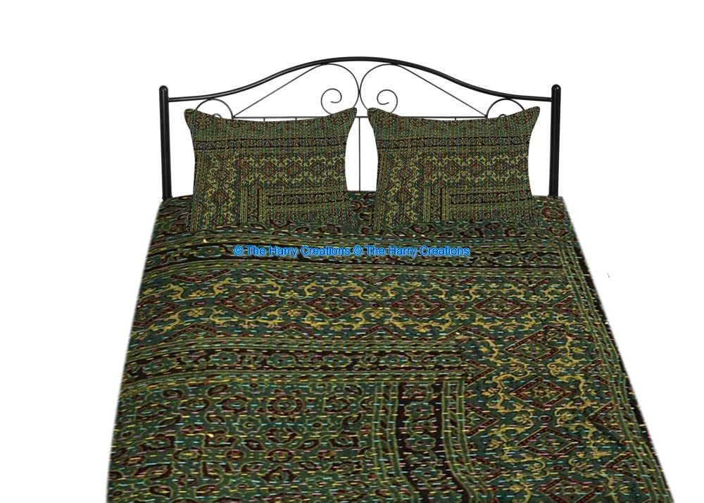 100% Cotton Kantha Throw Blanket - Bohemian Vintage Ajrak Print Bedspread, Sofa Cover & Quilt | Hand-Stitched Green Design for California King Bed (108