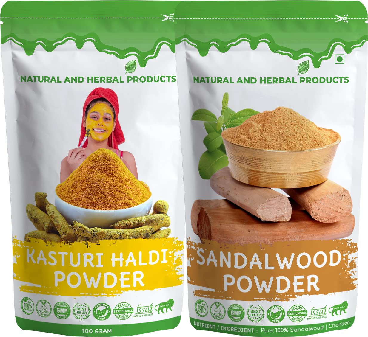 Pure Sandalwood Powder & Kasturi Manjal Powder for Face - Natural Chandan & Wild Turmeric Facial Treatment for Bridal Glow, Dark Circles & Pimples - Herbal Skincare Solution for Daily Beauty Routine & Spa Treatments
