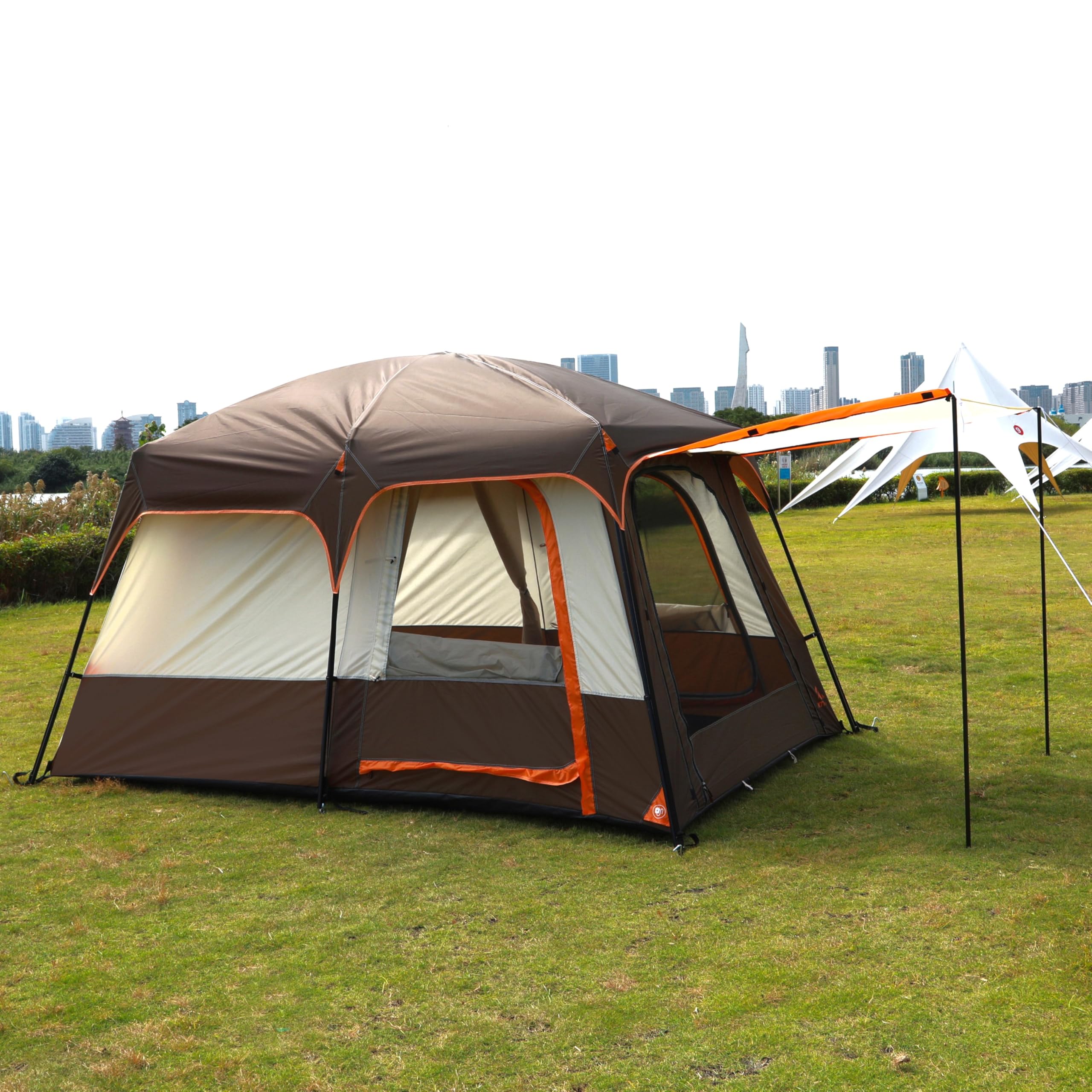 KTT Large Family Camping Tent for 6-8 Person, Waterproof Straight Wall Cabin Tent with 3 Doors & 3 Mesh Windows - Perfect for Outdoor Adventures, Picnics, Family Gatherings & Backyard Camping