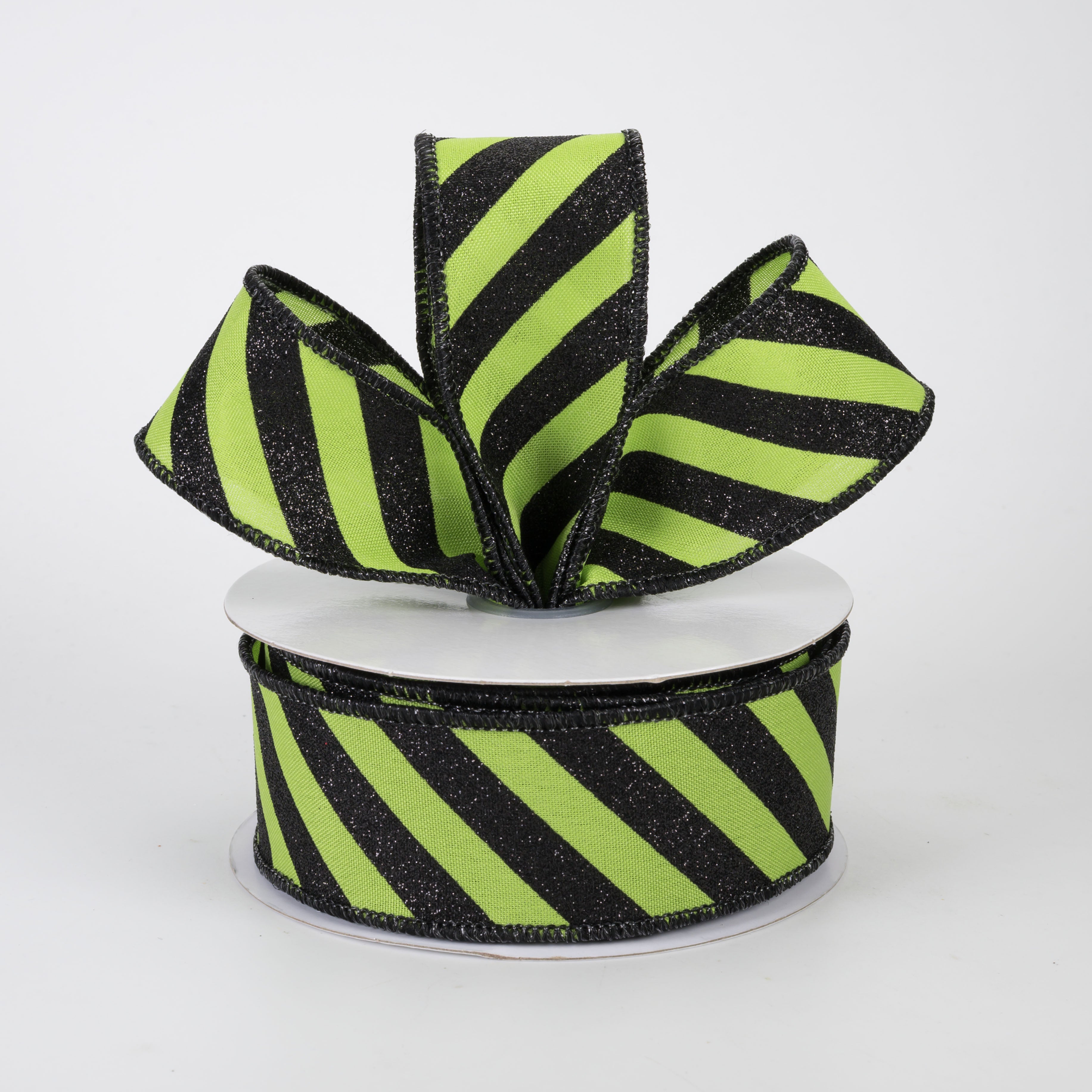 1.5 Inch Diagonal Glitter Stripe Canvas Ribbon - Black on Lime Green (10 Yards) for Gift Wrapping, DIY Crafts, Scrapbooking & Party Decorations