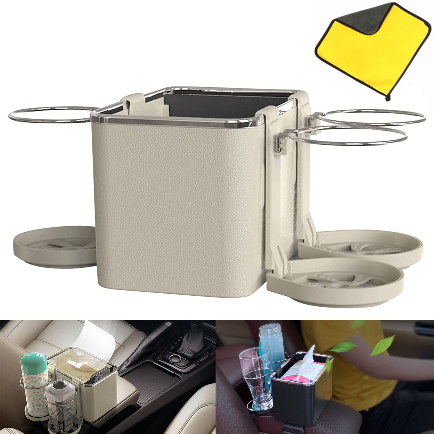 Upgraded Foldable Car Armrest Storage Box with 3 Cup Holders - Multifunctional Console Organizer for Water Bottles, Paper Towels & Cellphones - Perfect for Road Trips, Commuting & Daily Car Use (Beige)