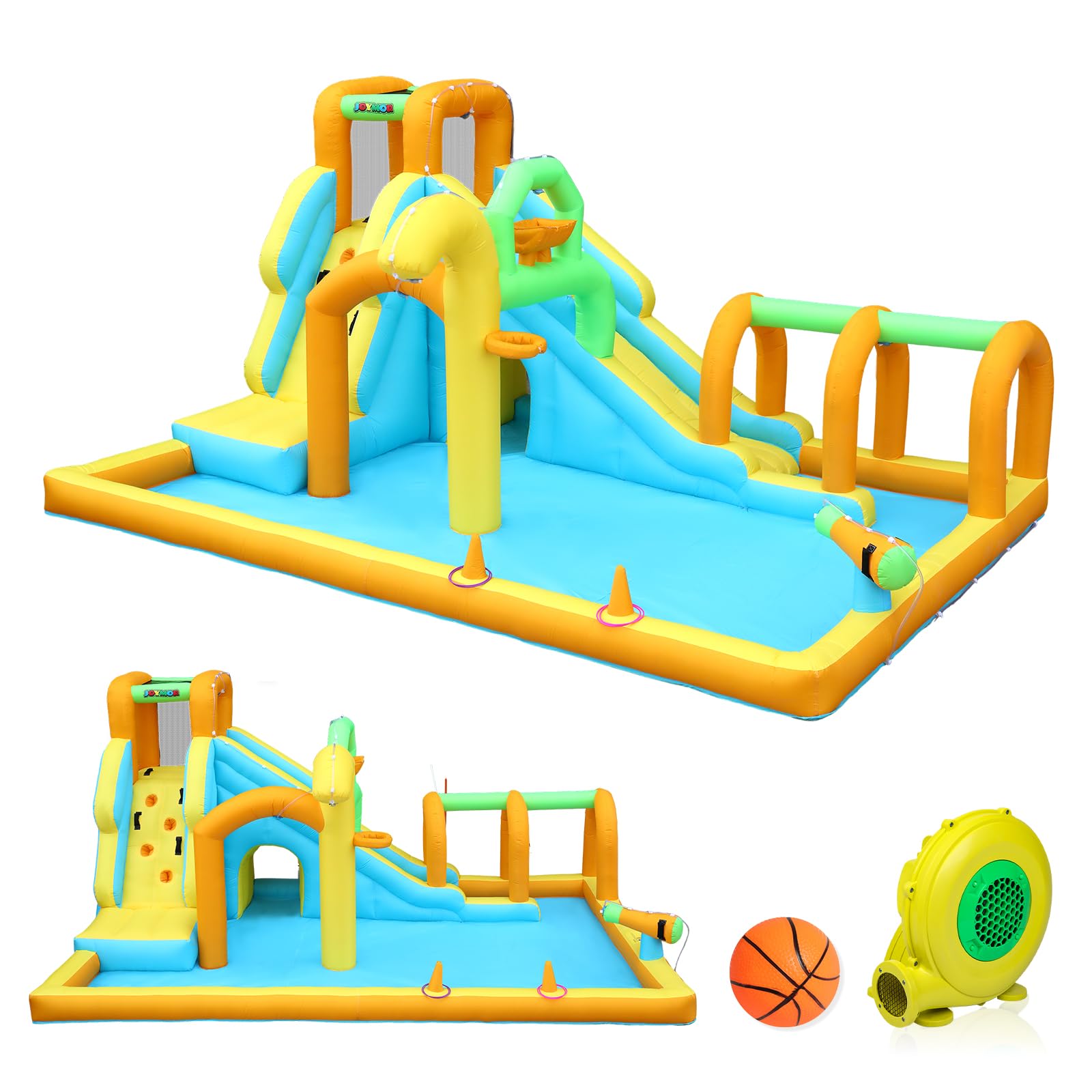 JOYMOR 10-in-1 Inflatable Water Slide Bounce House with Water Bucket, Tunnel, Water Cannon & Basketball Hoop - Fast 1 Minute Setup (Includes Air Blower) - Outdoor Backyard Water Park for Kids Ages 3-10 - Perfect for Summer Parties, Birthdays & Family Fun