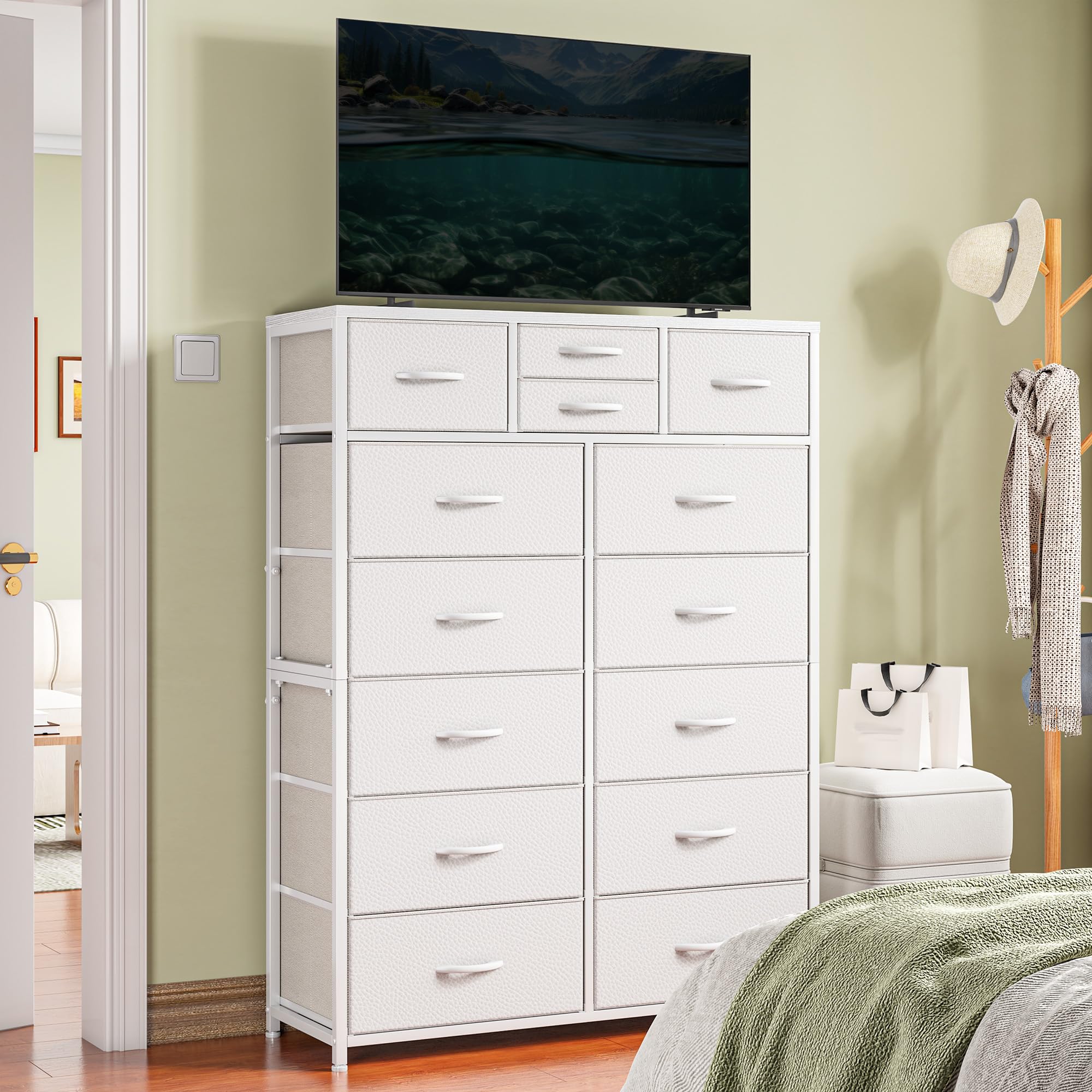 EnHomee 14-Drawer White Dresser for Bedroom - Tall Wooden Top & Metal Frame Fabric Storage Chest | Perfect for Bedroom, Closet & Living Room Organization