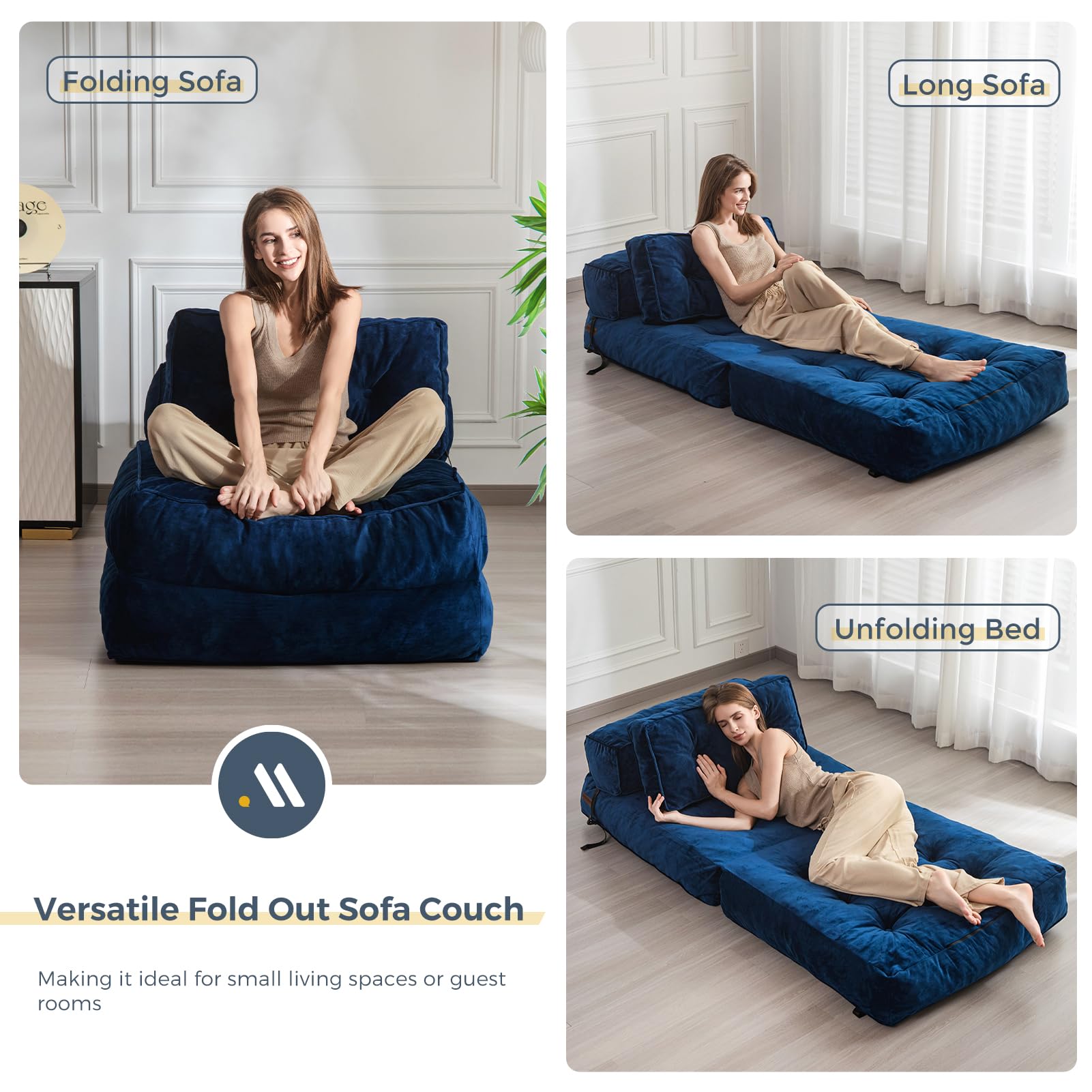 MAXYOYO Velvet Convertible Sleeper Sofa Bed - Foldable Guest Bed with Pillow, Navy Blue | Space-Saving Furniture for Small Apartments, Living Rooms & Dorm Rooms