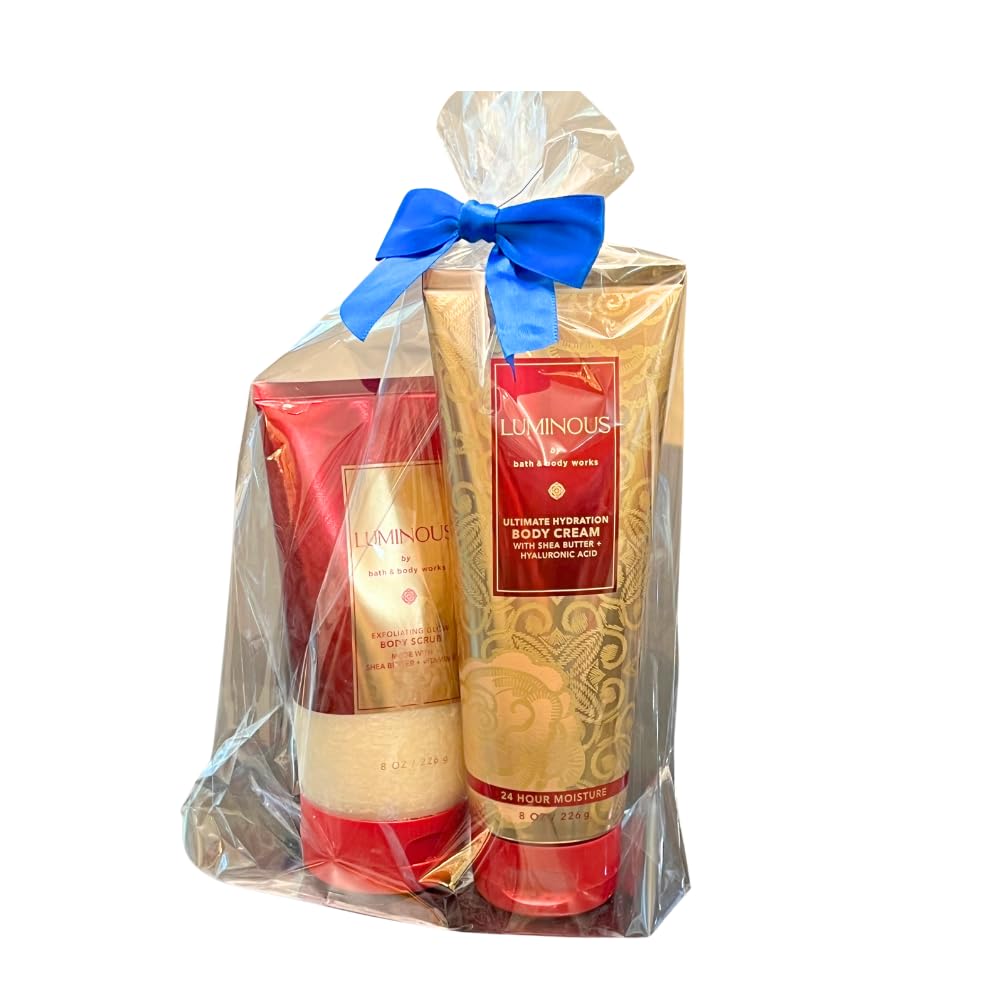 Bath & Body Works LUMINOUS Exfoliating Body Scrub & Ultra Hydrating Body Cream 2-Piece Gift Set with Blue Bow - Perfect Holiday Gift for Women, Spa Day Essential, Self-Care Luxury