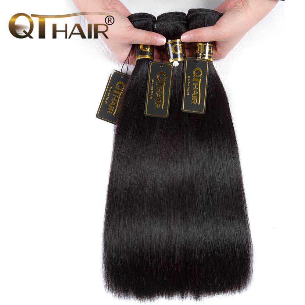 QTHAIR 14A Grade Brazilian Straight Human Hair Bundles with Lace Frontal - 100% Unprocessed Virgin Hair (12
