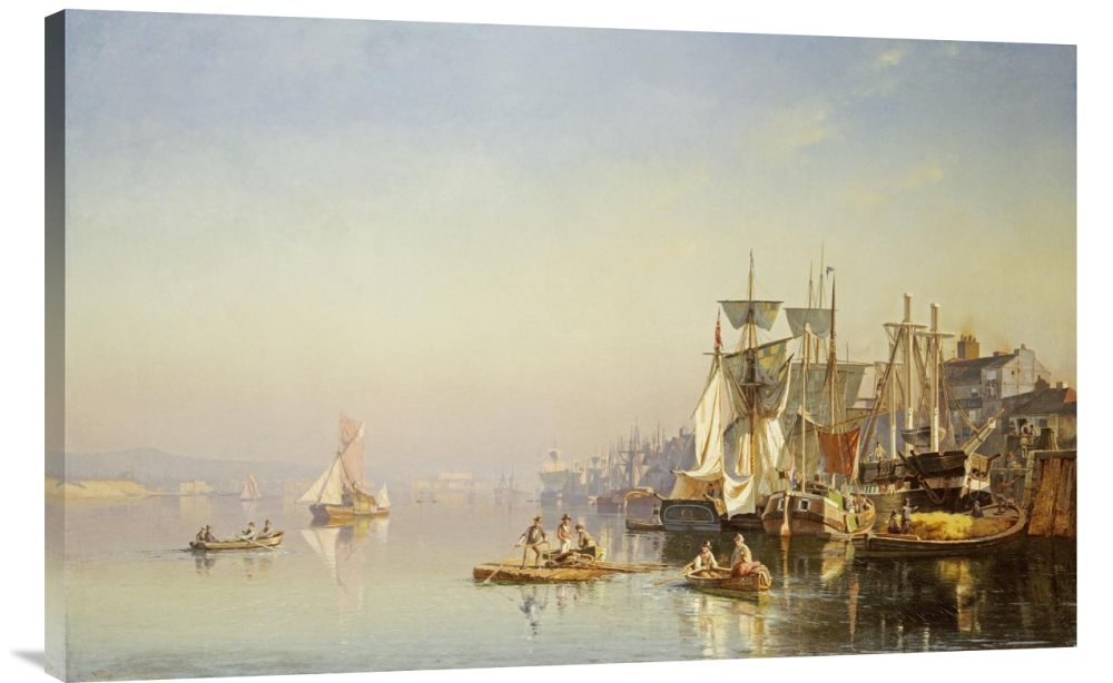 Carl Neumann Fishing Boats and Barges On The Thames - Premium Gallery Wrap Canvas Wall Art Print - Handmade Giclee Reproduction - River Thames Landscape Decor for Living Room, Office & Nautical Theme Spaces