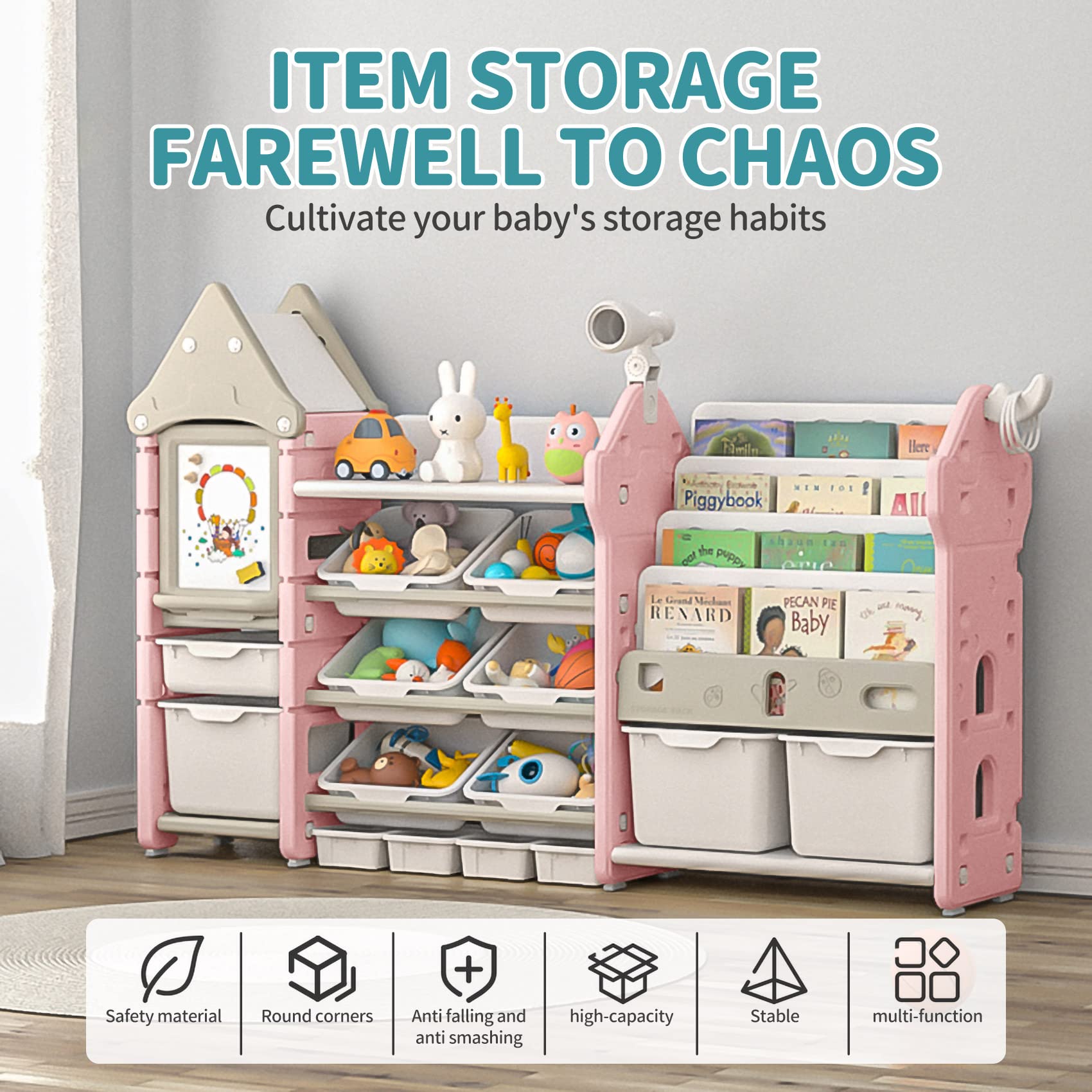 UNICOO Kids Toy Storage Organizer with 14 Bins & Pull-Out Drawers - Multifunctional Bookshelf for Toddlers to Organize Toys, Books, Clothes (Pink Magic Castle Design) - Perfect for Nursery, Playroom & Bedroom Organization