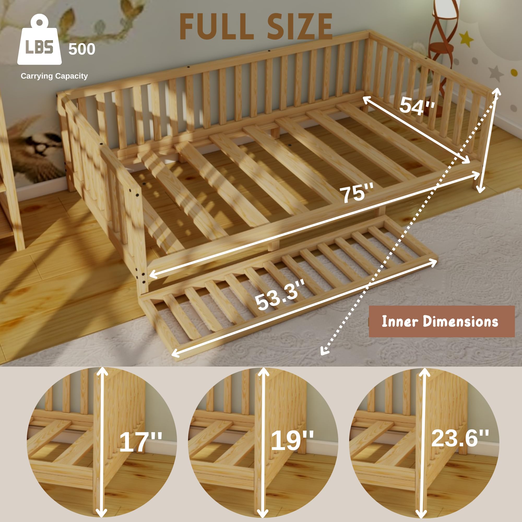 Montessori Floor Bed for Kids - Open Front Design, Solid Pine Wood Frame with Slats & Footed Base - Sturdy & Safe Toddler Bed (Full Size, 23