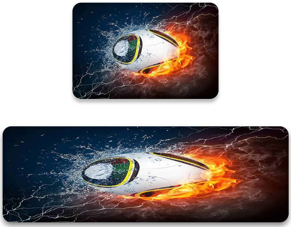 2-Piece Non-Slip Kitchen Rug Set - Washable Football Soccer Themed Floor Mats with Flame & Water Splash Design, Cushioned Comfort for Entryway, Bathroom, or Game Room Decor