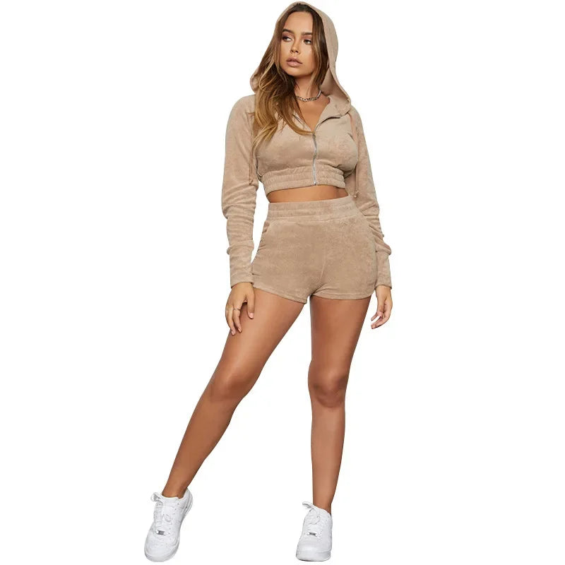 Velvet Tracksuit for Women - Sporty 2 Piece Set with Hooded Zip Jersey & Shorts | 2024 Fashion Streetwear | Gym, Lounge & Casual Outfit