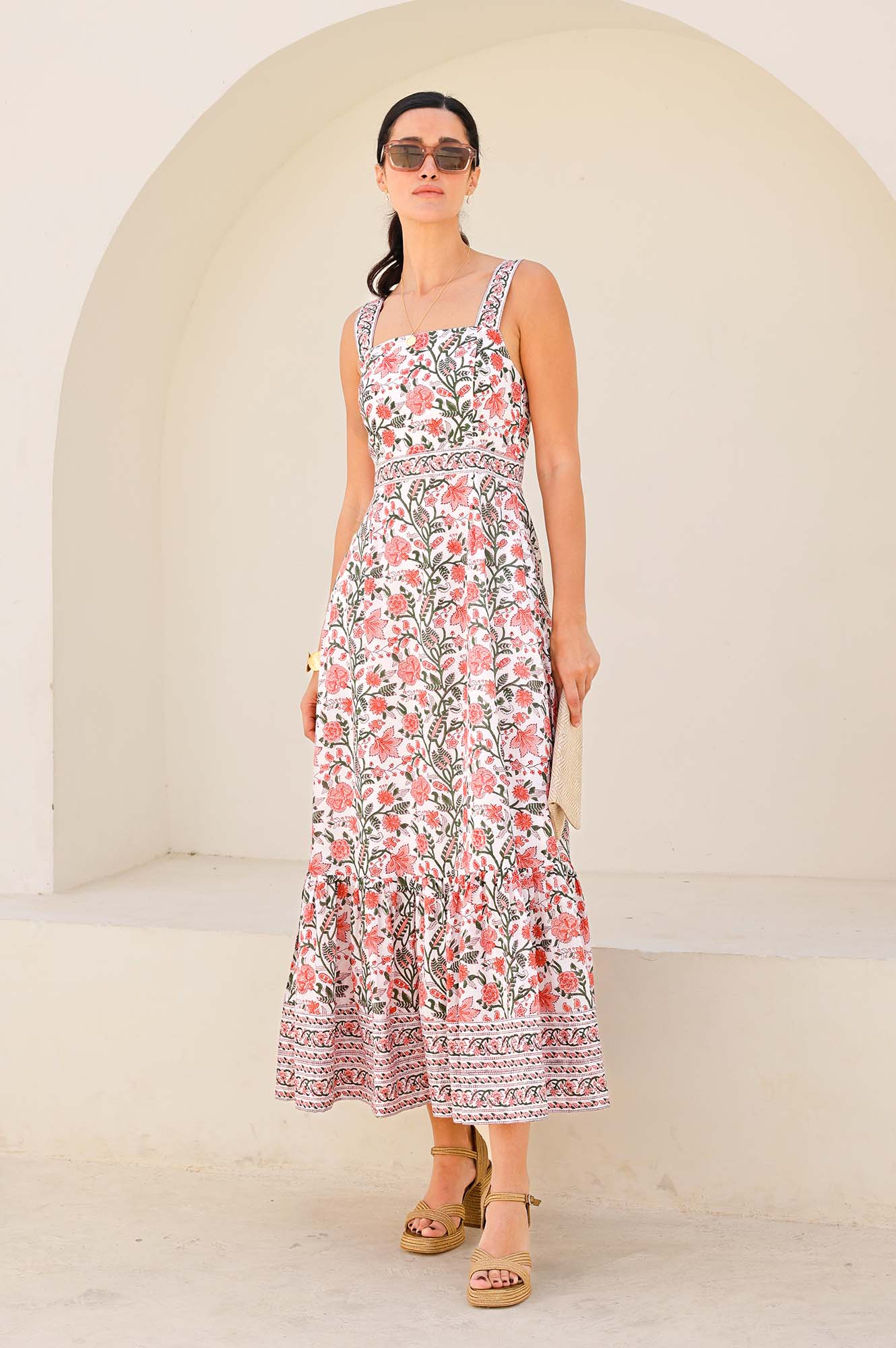 Aurelia Organic Cotton Block Print Dress - Gardenia Pink & Green Floral | Boho Summer Dress for Women | Perfect for Beach, Vacation & Casual Outings
