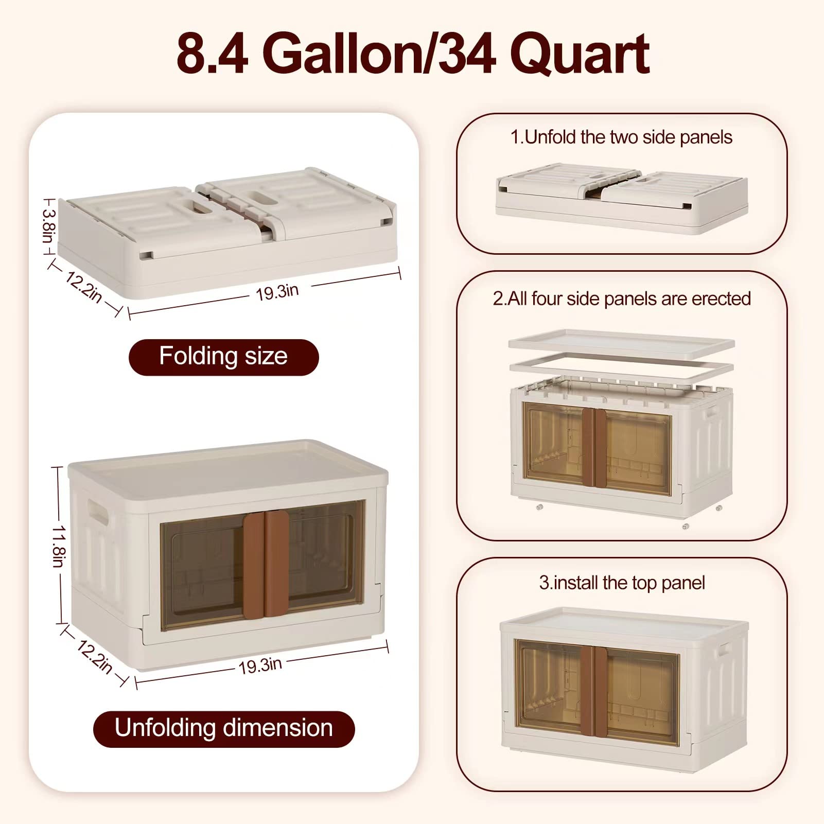 8.4 Gallon Collapsible Storage Bins with Lids, 2 Pack - Stackable Plastic Storage Cabinet with Doors & Wheels for Home Organization | Space-Saving Solution for Closet, Garage & Office (Milk White)
