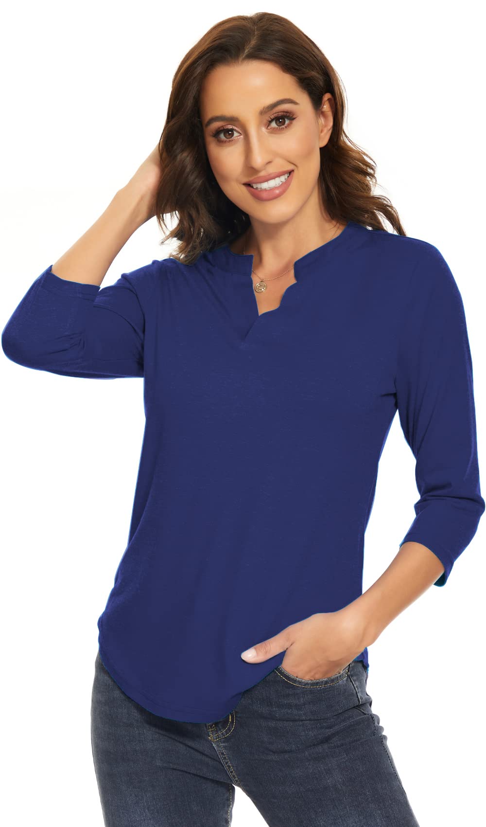 Women's 3/4 Sleeve V-Neck Collared T-Shirts - Professional Work Blouses & Casual Tops for Office, Business Meetings & Everyday Wear