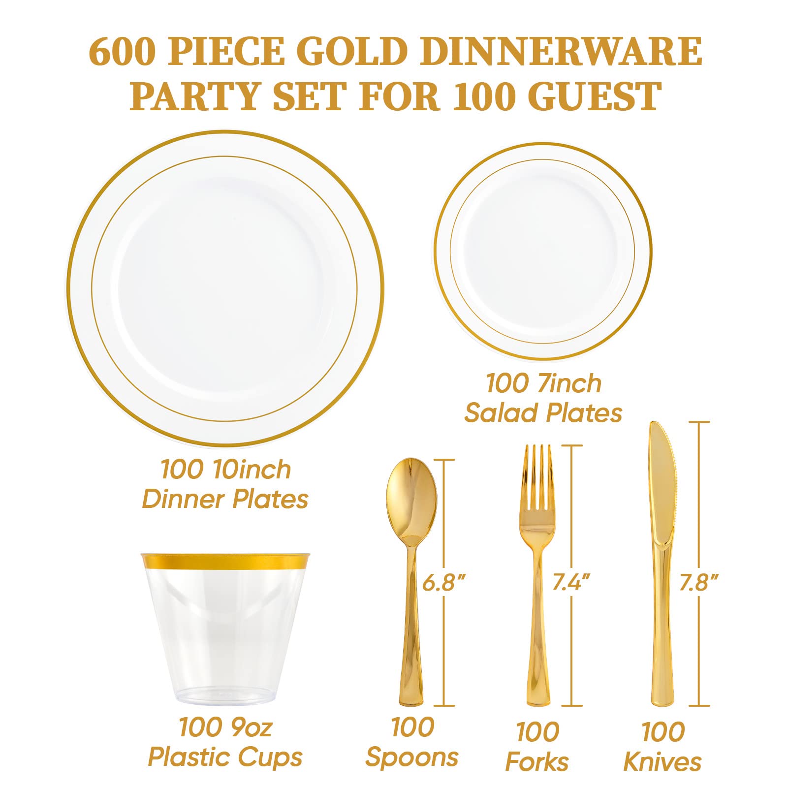 Gold Disposable Dinnerware Set - 600 Ct White Plastic Plates with Gold Rim for Wedding & Party