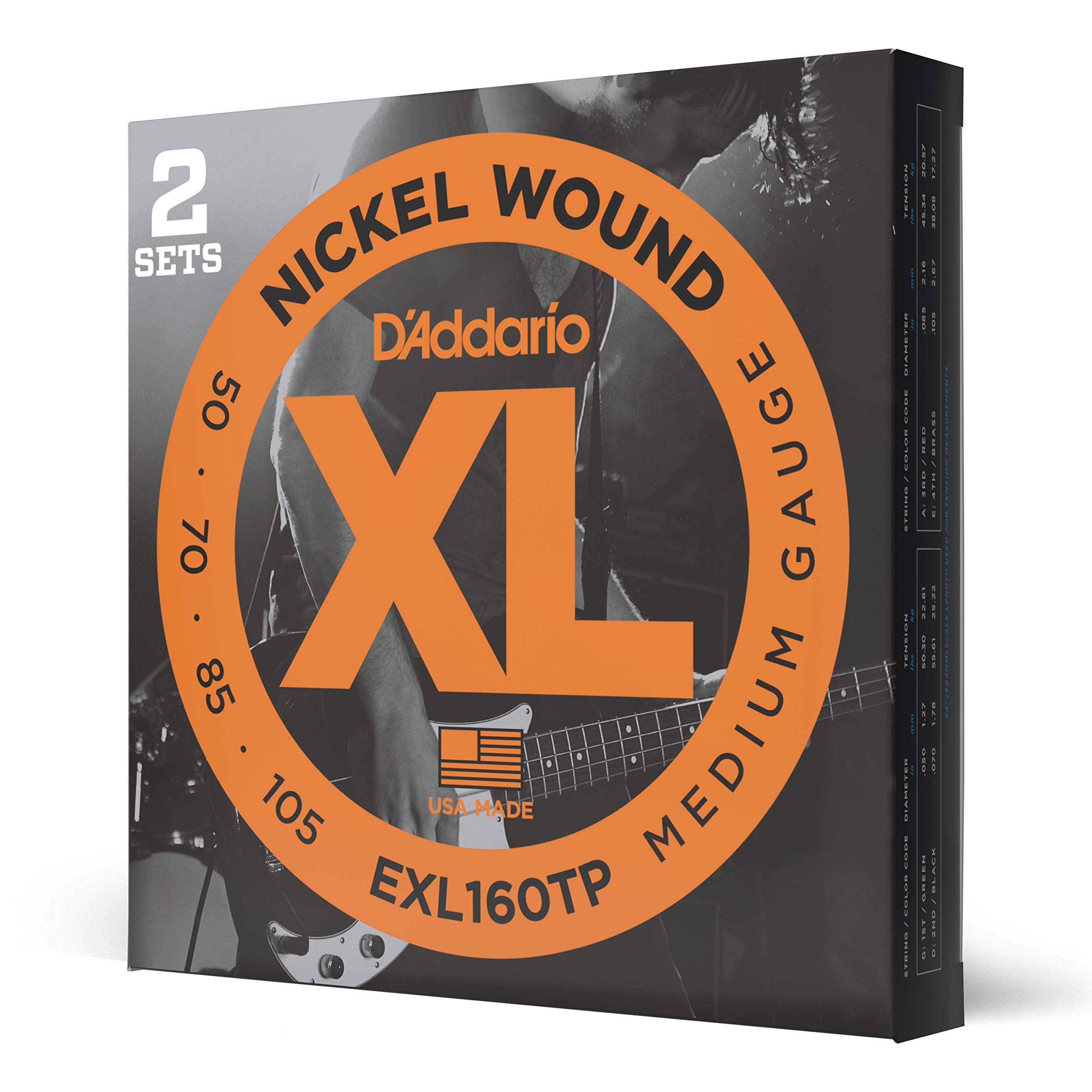D'Addario EXL160TP Medium Gauge Nickel Wound Bass Guitar Strings XL 50-105 Long-Scale (2 Sets) - Perfect for Rock, Jazz & Studio Recording