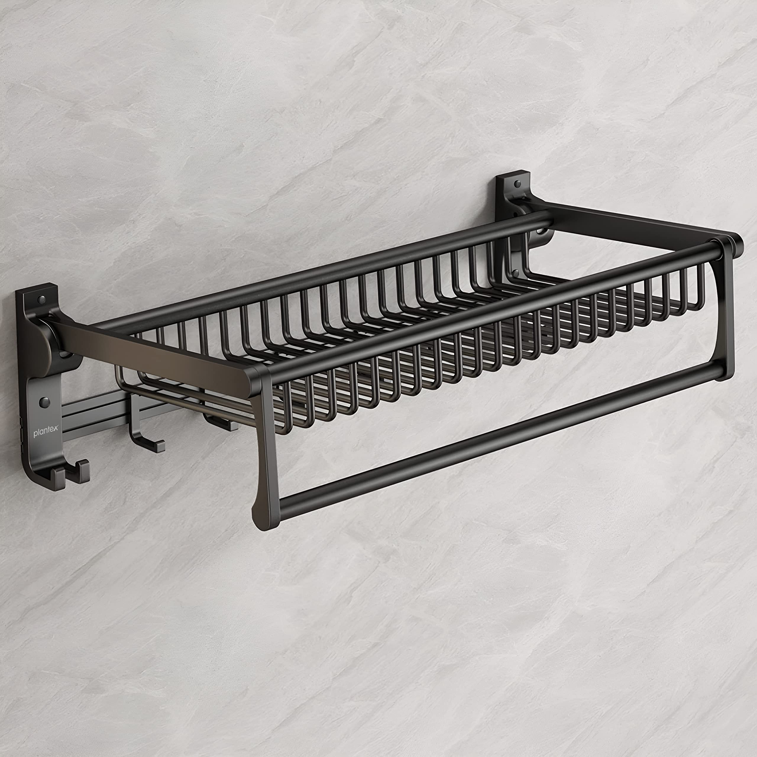 Plantex Aluminum Towel Rack with Hooks - Black Bathroom Organizer for Towels, Robes & Accessories | Space-Saving Wall Mounted Storage Solution for Bathrooms, Laundry Rooms & Kitchens