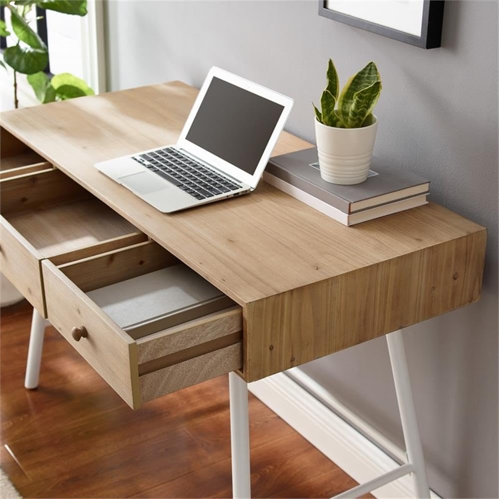 Modern White Wood and Metal 3-Drawer Writing Desk - Perfect for Home Office, Study Room & Small Workspaces