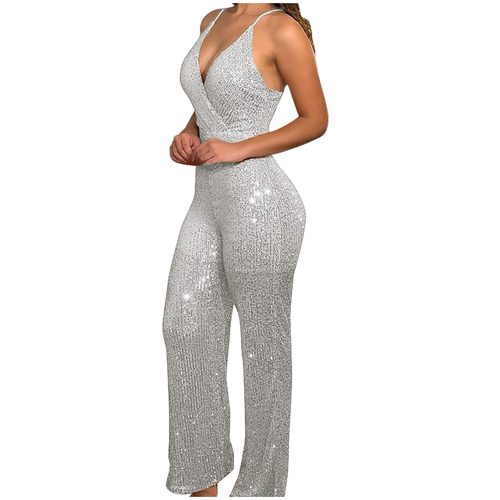 Sexy Women's Sequins Slim Jumpsuit - Sleeveless Denim Playsuit with Suspender | Fashion Fitting Bodycon Outfit for Party, Club & Date Night