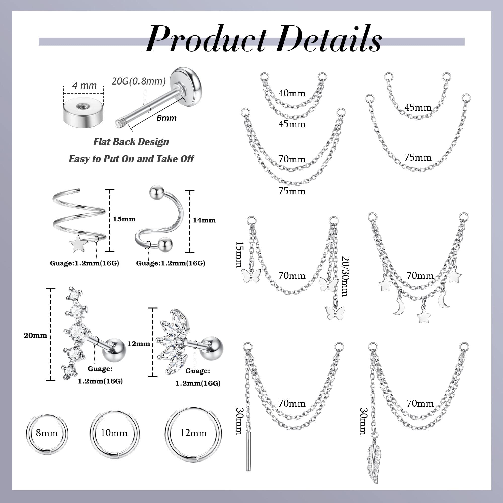 FIBO STEEL 20G Cartilage Earrings Set for Women - Huggie Hoop, Flat Back Stud, Star Moon Butterfly CZ Earrings, Dangle Chain Helix Tragus Piercing Jewelry | Perfect for Daily Wear, Parties & Gifts