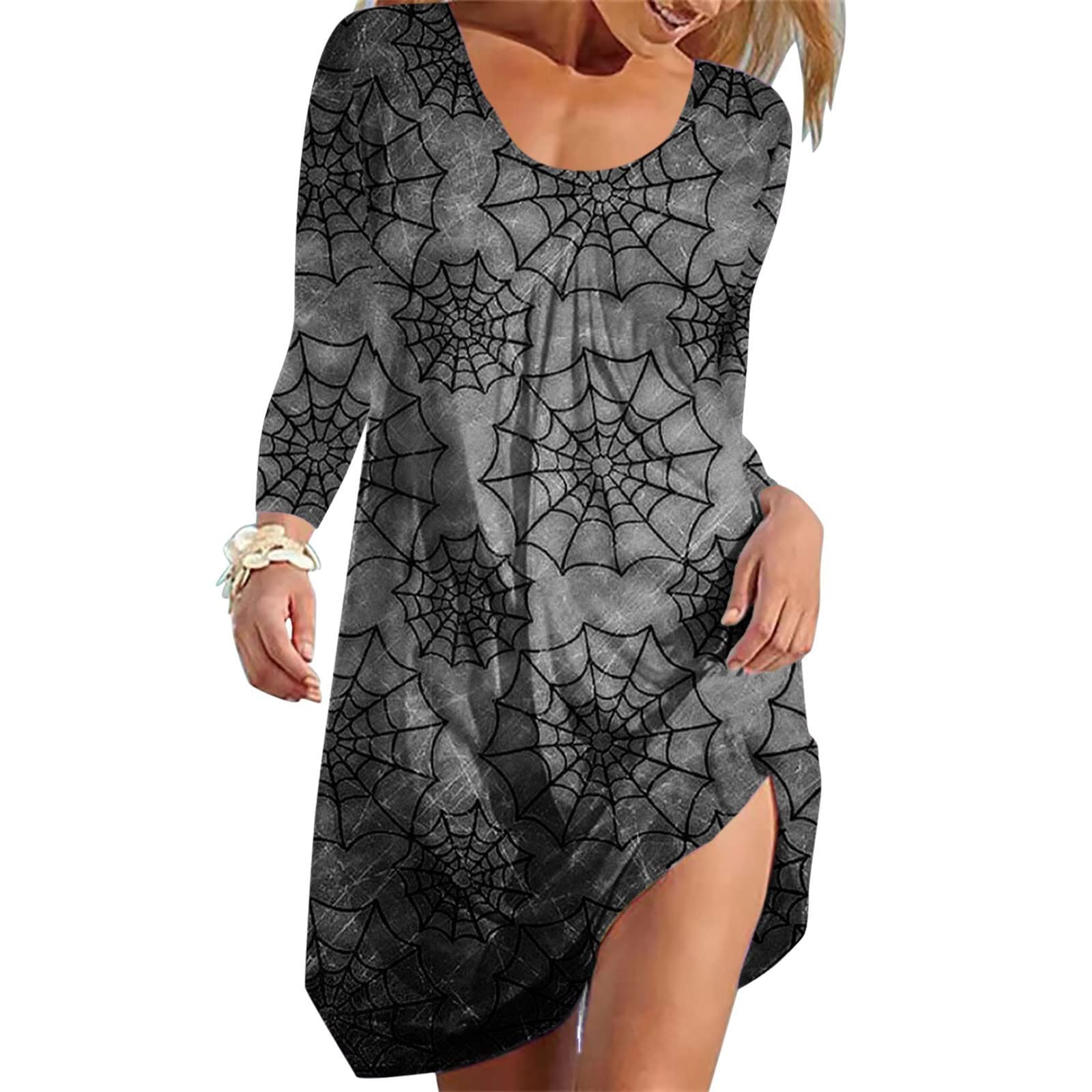 QUFECH Women's Ruched Midi Dress - Elegant Wedding Guest Dress with Halloween Print, O-Neck Casual Party Dress for Halloween, Cocktail Parties & Special Occasions