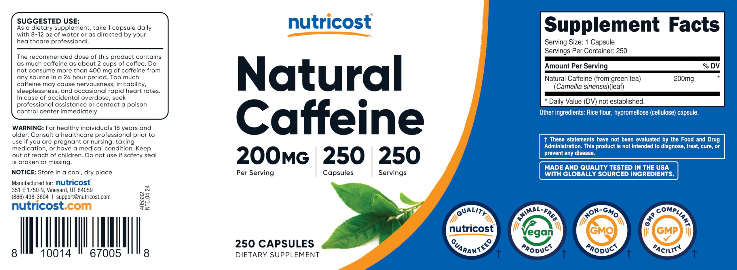 Nutricost Natural Caffeine 200mg, 250 Vegetarian Capsules - Gluten Free, Non-GMO Supplement for Energy & Focus - Perfect for Workouts, Studying & Morning Boost
