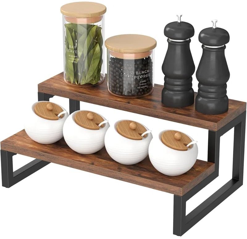 Deseno 12 Inch 2-Tier Wooden Spice Rack - Countertop Kitchen Organizer for Spice Jars, Cooking Essentials & Decor - Perfect for Pantry, Counter Storage, and Displaying Cookbooks or Plants