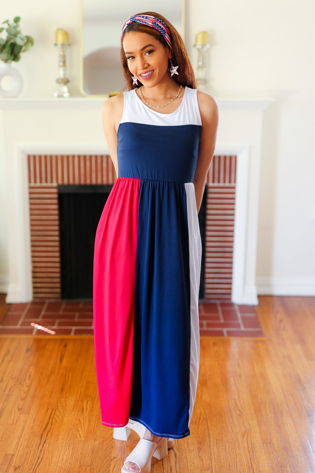 American Flag Color Block Fit & Flare Maxi Dress for Women - Perfect for 4th of July, Memorial Day & Patriotic Events