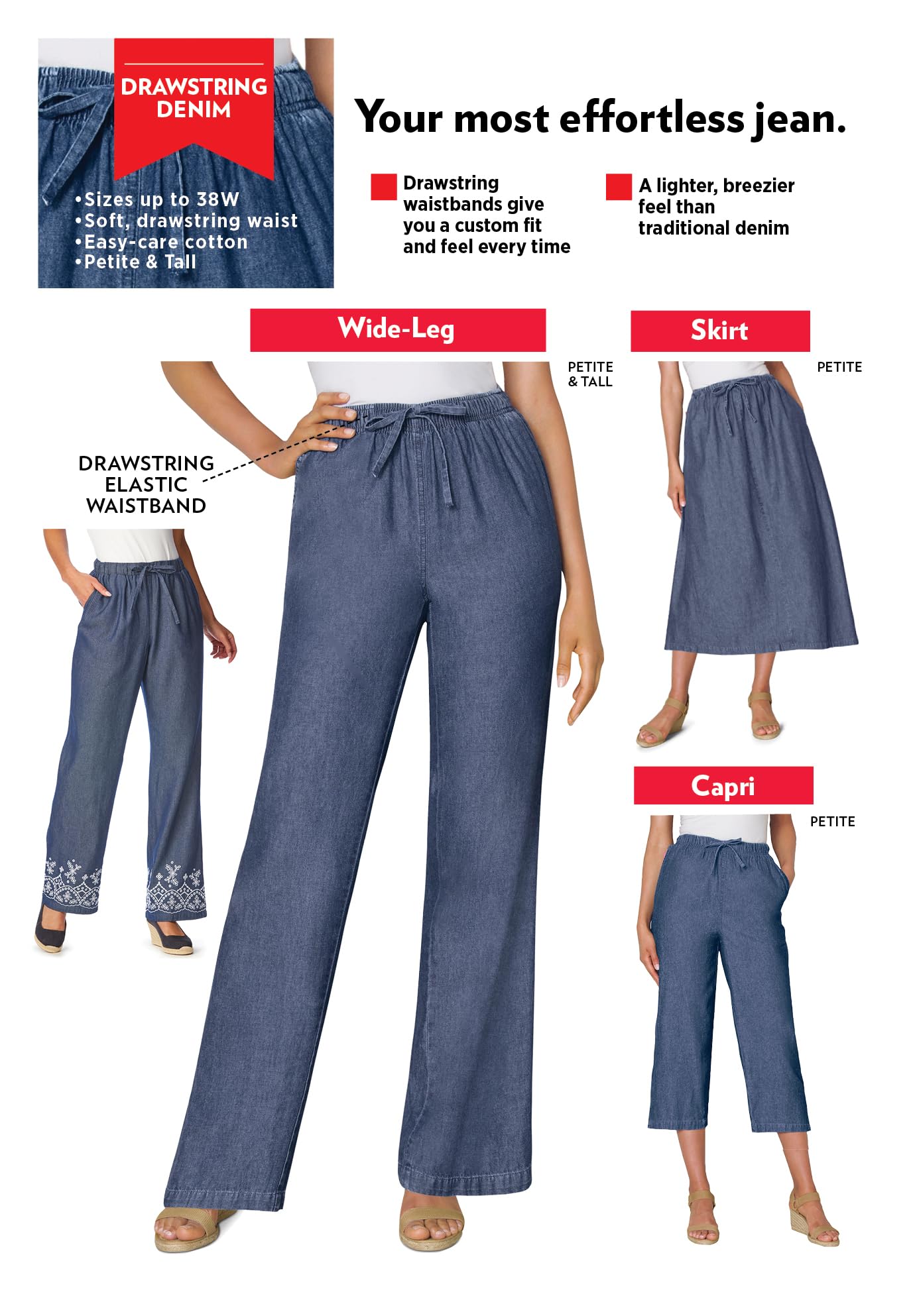 Woman Within Women's Plus Size Drawstring Denim Capri Pants - Comfortable Stretch Jeans for Casual Wear & Summer Outfits