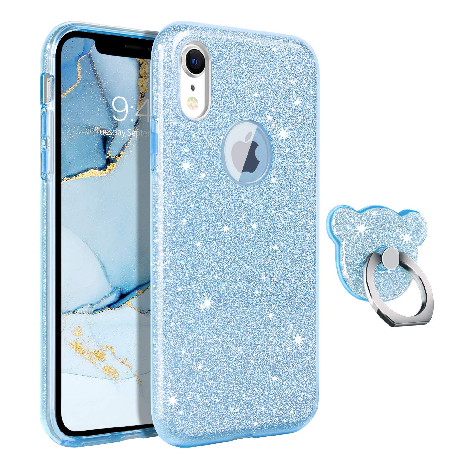 Sparkly Glitter iPhone XR Case with Finger Ring Stand - Luxury Slim Shockproof Hybrid Cover for Women & Girls | Cute Bling Protective Phone Case for iPhone XR 6.1-inch (2018 Model) in Blue | Perfect for Daily Use, Work, Travel & Selfies