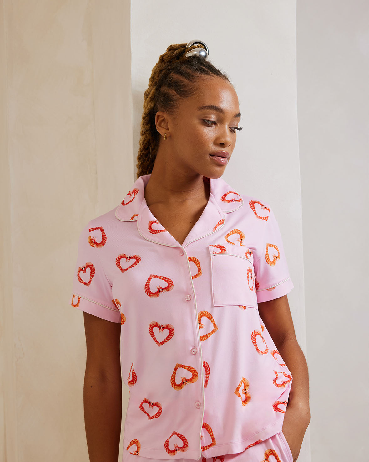 Cute Shrimp Print Short Sleeve Pajama Set for Women - Summer Sleepwear, Loungewear & Vacation Outfit