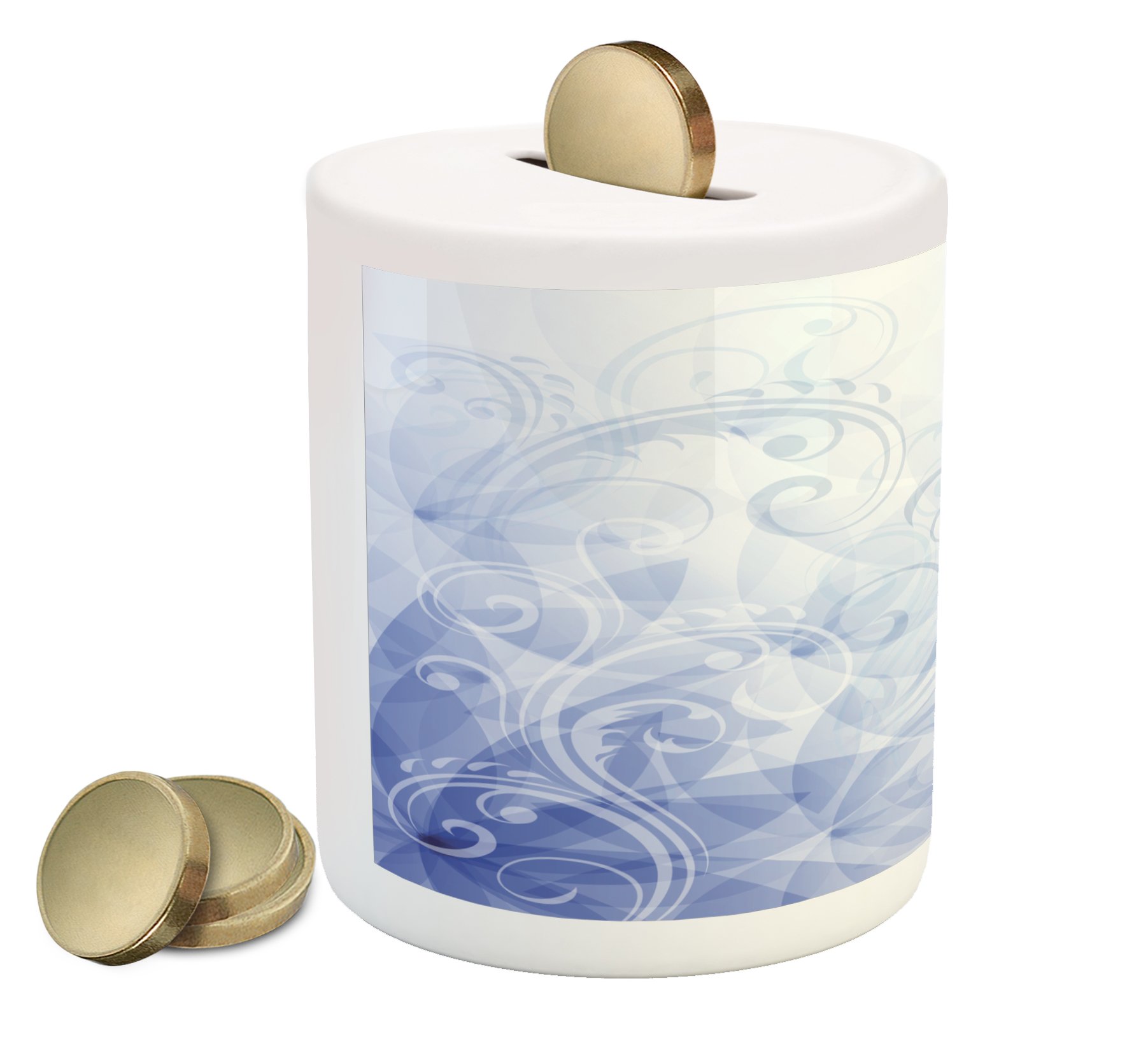 Ambesonne Ceramic Piggy Bank - Pale Blue & White Abstract Leaf Design, Money Box for Cash Savings | Perfect Gift for Kids, Teens & Home Decor