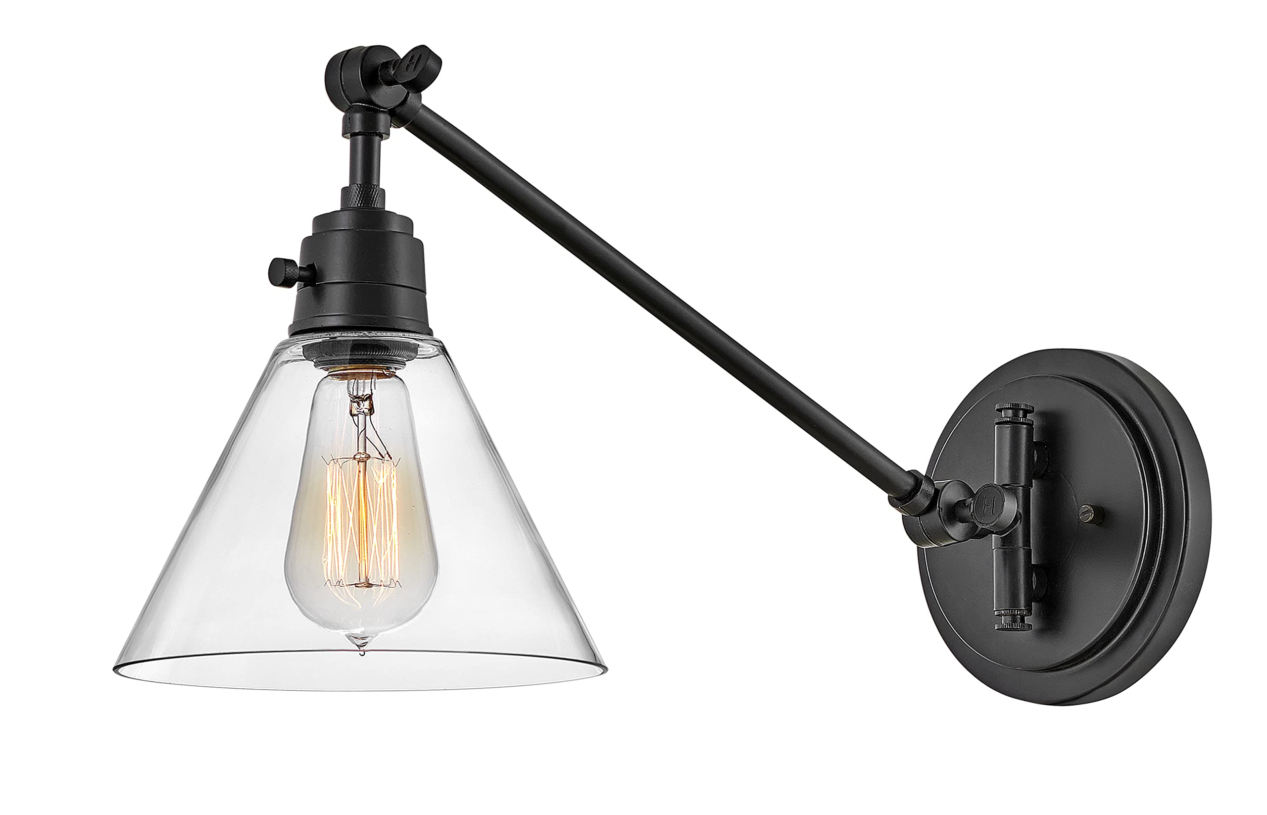Hinkley Arti 3690BK-CL Medium Articulating Single Light Wall Sconce with On/Off Switch - Black Clear Glass Shade, Adjustable Arm & Removable Fabric Cord - Perfect for Bedroom, Hallway or Entryway Lighting