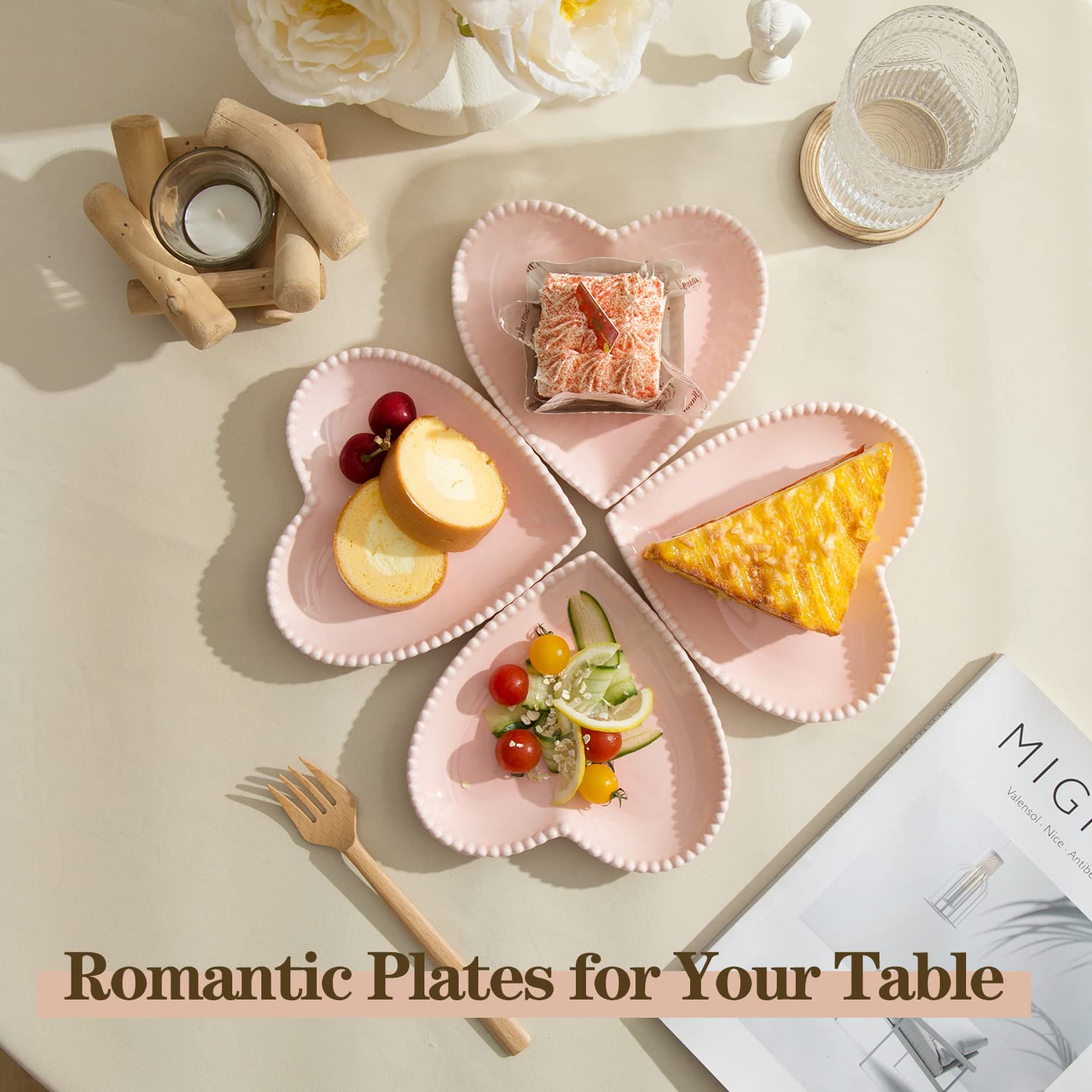 6.3 Inch Heart-Shaped Porcelain Appetizer Plates Set of 10 - Microwave & Dishwasher Safe Small Dinner Plates for Dessert, Salad, Cake, Snack, Ice Cream & Waffles - Perfect for Valentine's Day, Bridal Showers, Tea Parties & Romantic Dinners