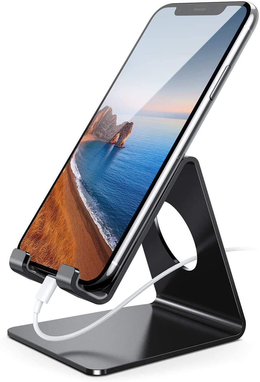 Lamicall Adjustable Cell Phone Stand - Universal Phone Dock, Cradle & Holder for iPhone, Samsung, All Smartphones - Black - Perfect for Office Desk, Home, Car & Video Calls