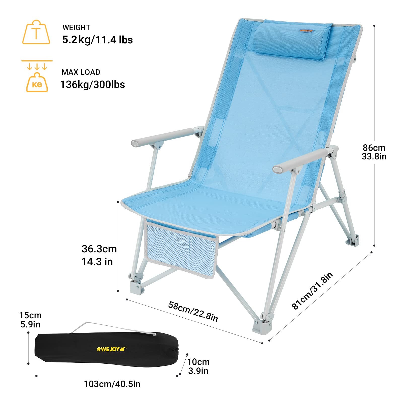 WEJOY 2 Pack Low Beach Chairs - Portable Folding High Back Lawn Chairs for Adults with Armrest & Headrest, 300lbs Capacity - Perfect for Beach, Camping, Concerts & Outdoor Events