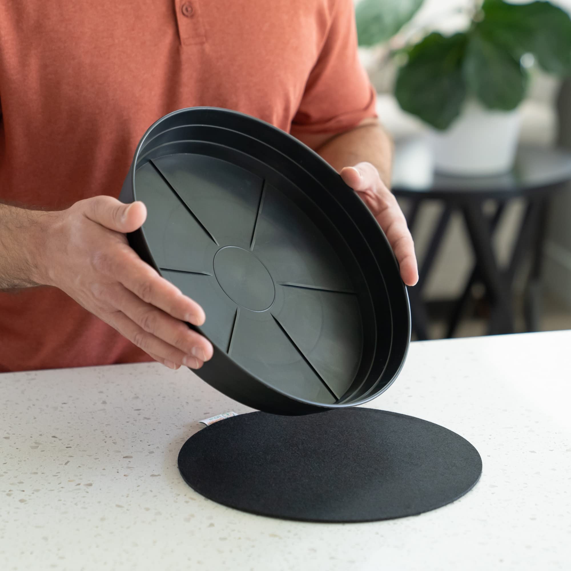 Garden Hour 12 Inch Plant Saucers (Pack of 2) - Medium Plastic Drip Trays for Potted Plants - Extra Deep No Hole Plant Trays for Indoor Use - Includes Felt Mats for Floor & Furniture Protection - Perfect for Home, Office & Balcony Plant Care (12W x 1.7D Inches)