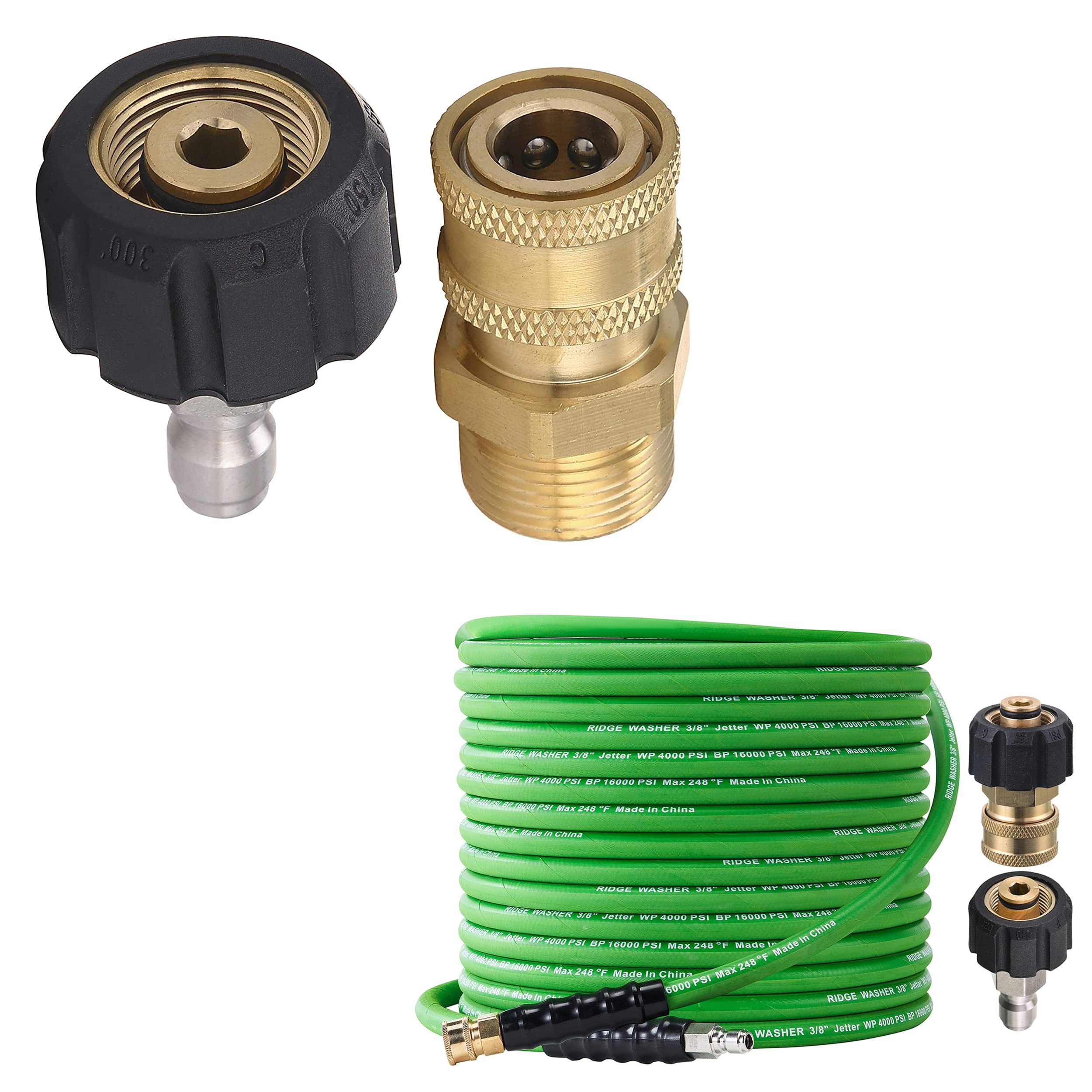 Ridge Washer Pressure Washer Adapter Set - 50 FT X 3/8'' Kink Resistant High Pressure Hose for Hot & Cold Water - Perfect for Car Washing, Deck Cleaning & Home Exterior Maintenance