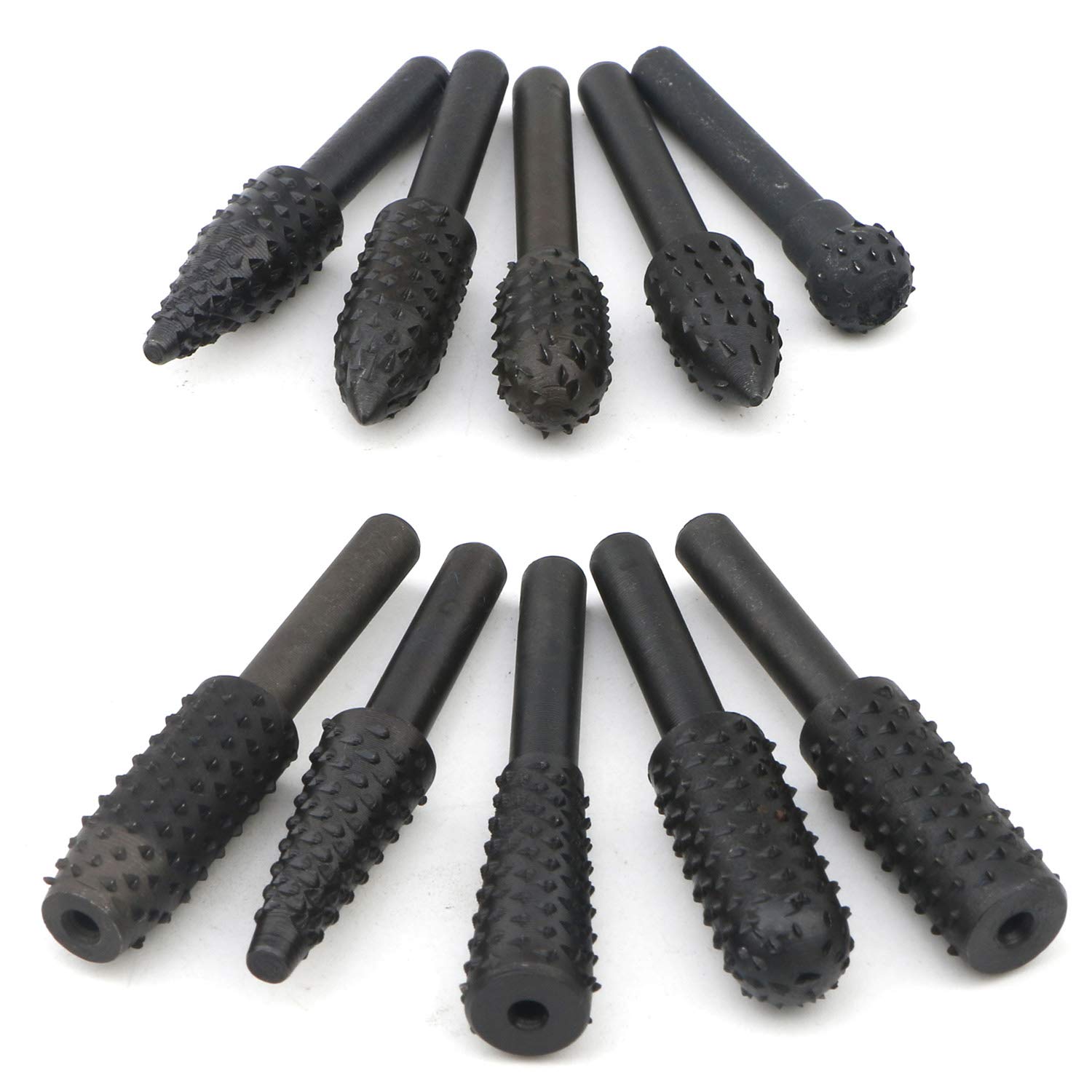 10pcs 6.3mm (1/4 Inch) Shank Rotary Rasp Set - Wood Carving Drill Bits for Dremel, Woodworking & Electrical Tools - Chisel Shaped Rotating Grinding Heads for DIY Projects, Furniture Making & Metal Engraving
