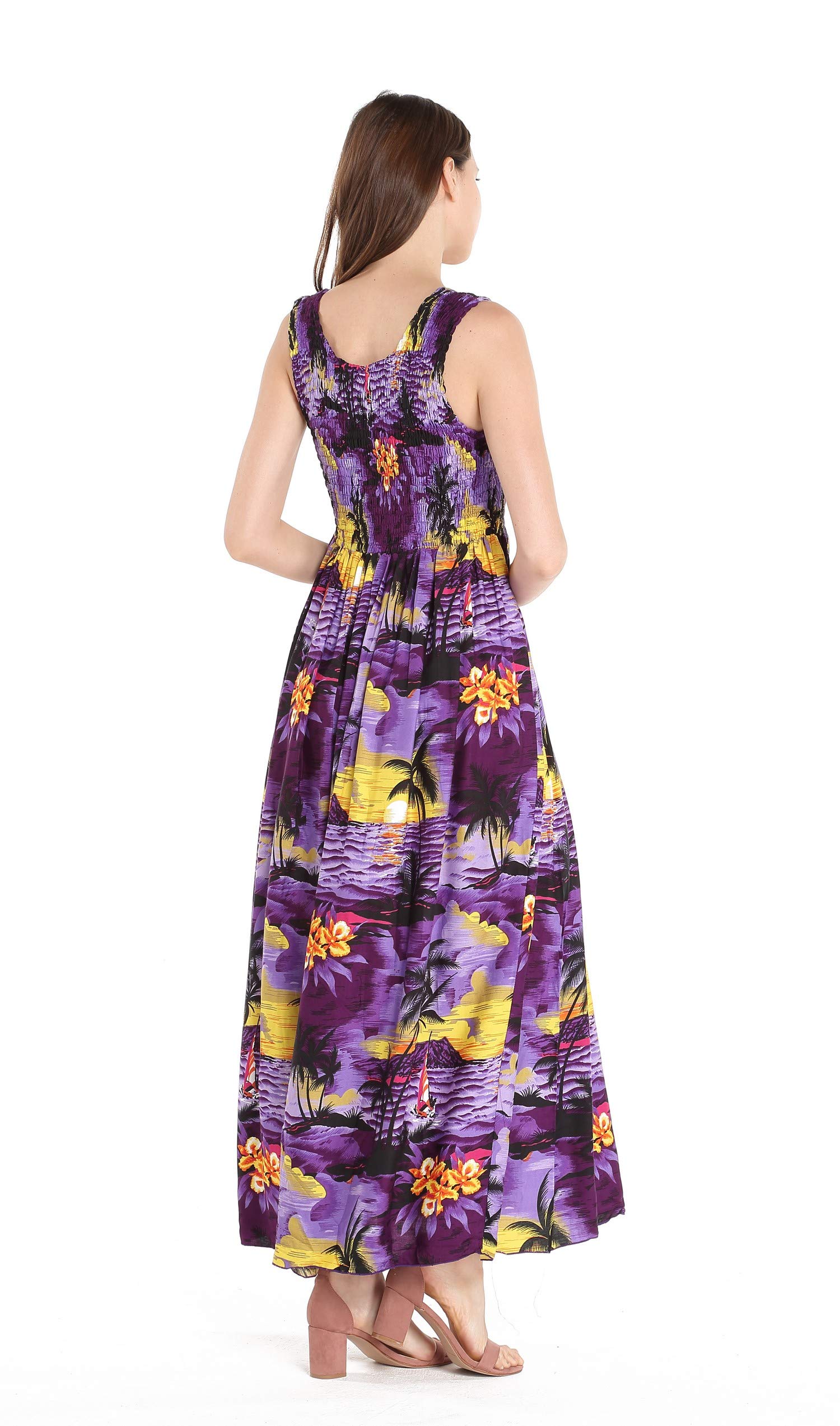 Women's Hawaiian Maxi Tank Dress - Elastic Waist Luau Summer Dress with Sunset Floral Print | Beach Vacation, Pool Party, Tropical Getaway Outfit