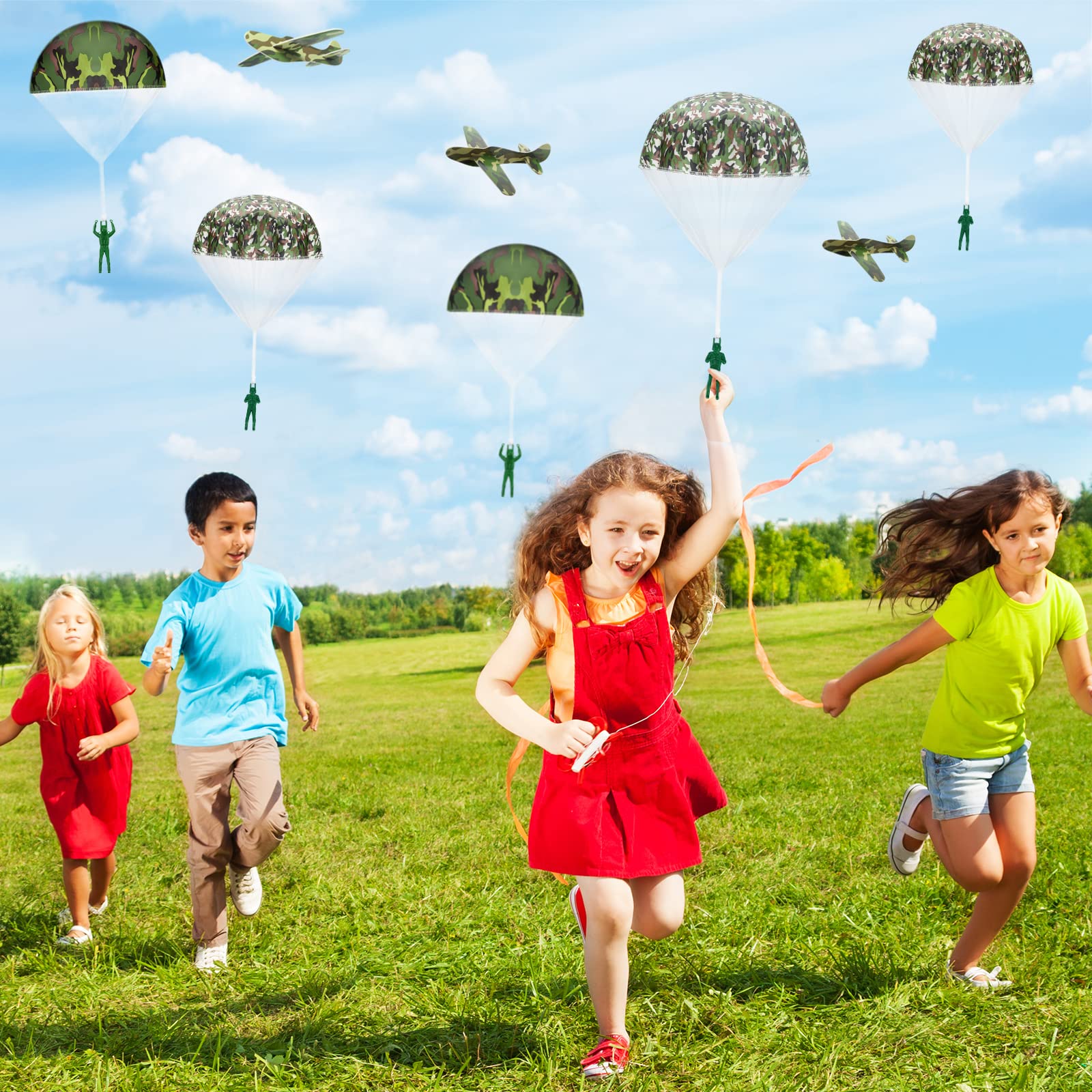 Jerify 10-Piece Parachute Army Men Toys & 10 Camouflage Foam Airplanes Set - Bulk Camo Glider Planes & Parachute Soldiers for Outdoor Play, Birthday Gifts, Kids Party Favors, and Backyard Fun Activities