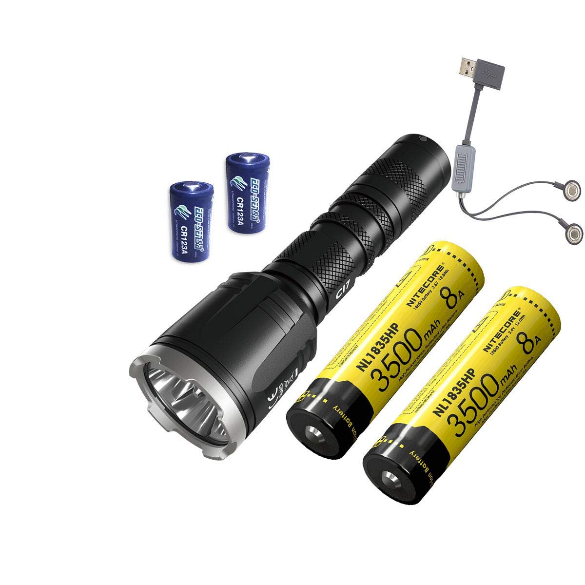 NITECORE CI7 Dual Output IR Flashlight - 2500 Lumens, 7000mW with 2x 3500mAh Batteries, A1 Charger & 2x Eco-sensa CR123A - Perfect for Tactical Operations, Hunting, Camping, and Emergency Preparedness
