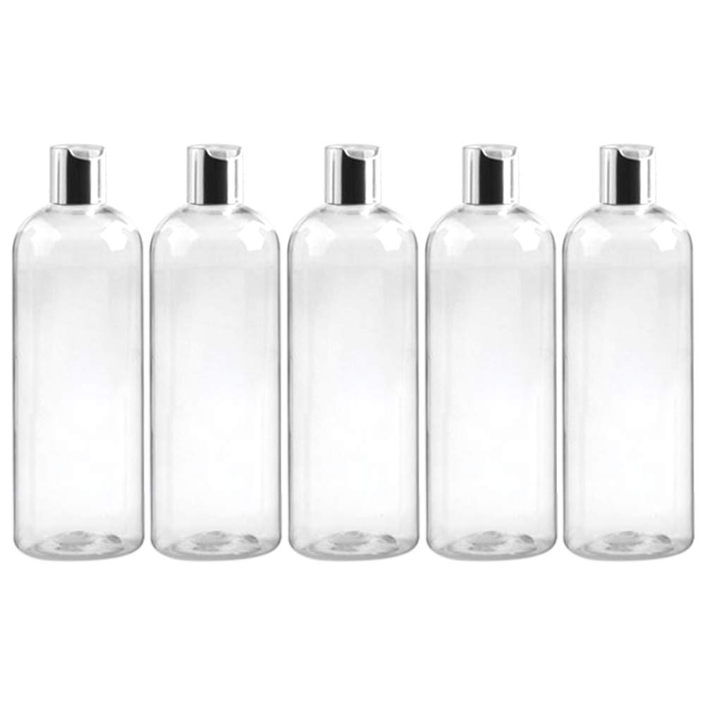 LandHope 5 Pack 300ml Empty PET Plastic Travel Bottles with Silver Disc Cap - Leakproof Refillable Containers for Shampoo, Lotion, Soap & Cosmetics | TSA Approved Toiletries for Air Travel, Gym, Camping & Home Use (Transparent)