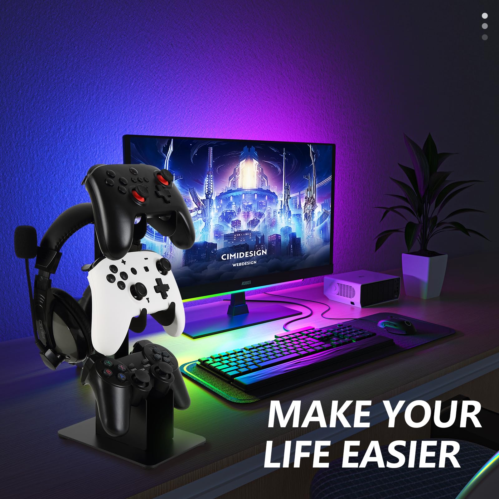 3-Tier Aluminum Controller and Headset Stand for Gaming Desk - Universal Snap-on Hanger for PS5, Xbox, PC Accessories - Perfect for Organized Gaming Setup and Streamer Battlestation