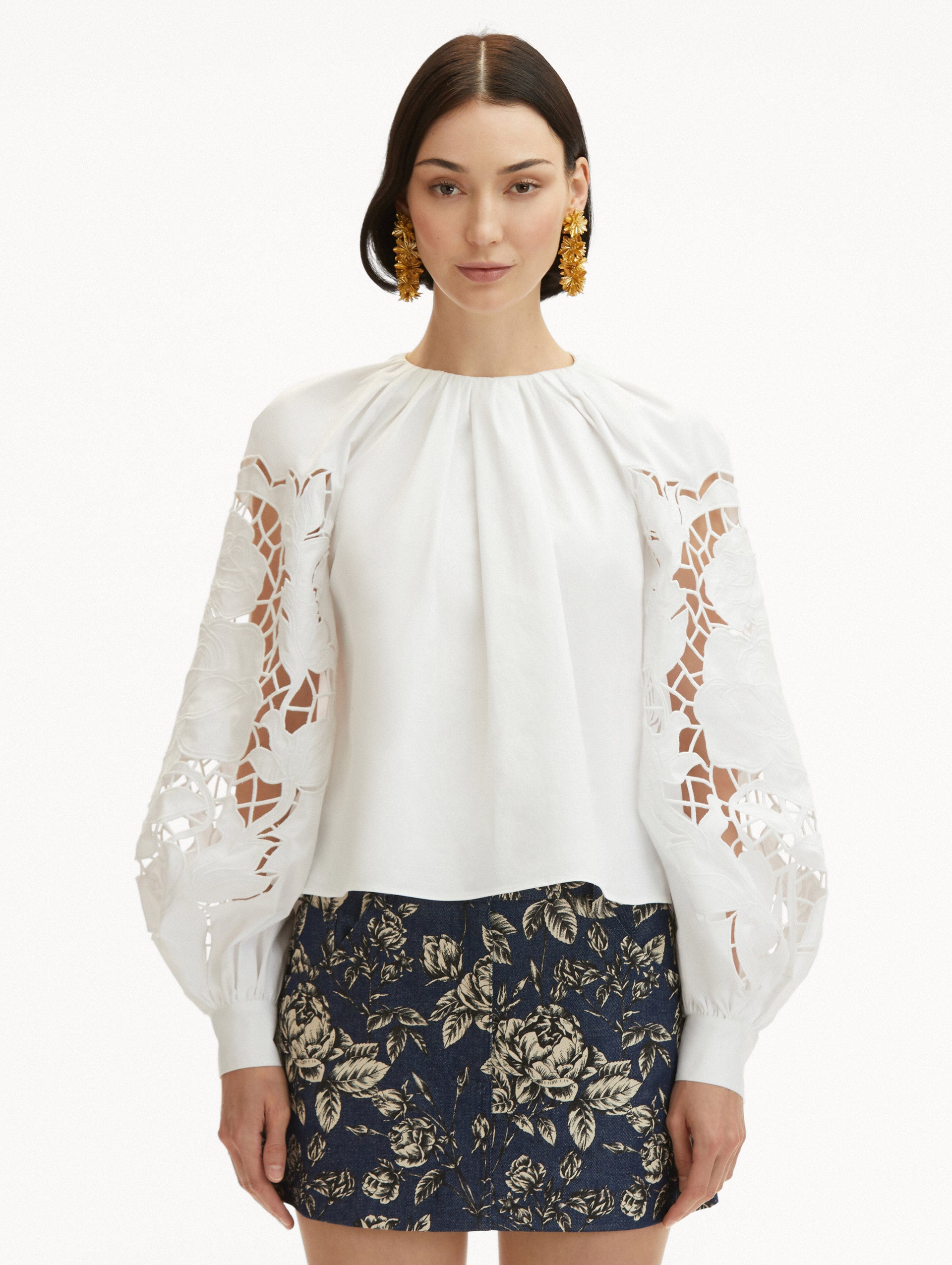 English Rose Cutout Cotton Poplin Blouse - Vintage Floral Print Women's Top for Casual Wear & Spring Outfits