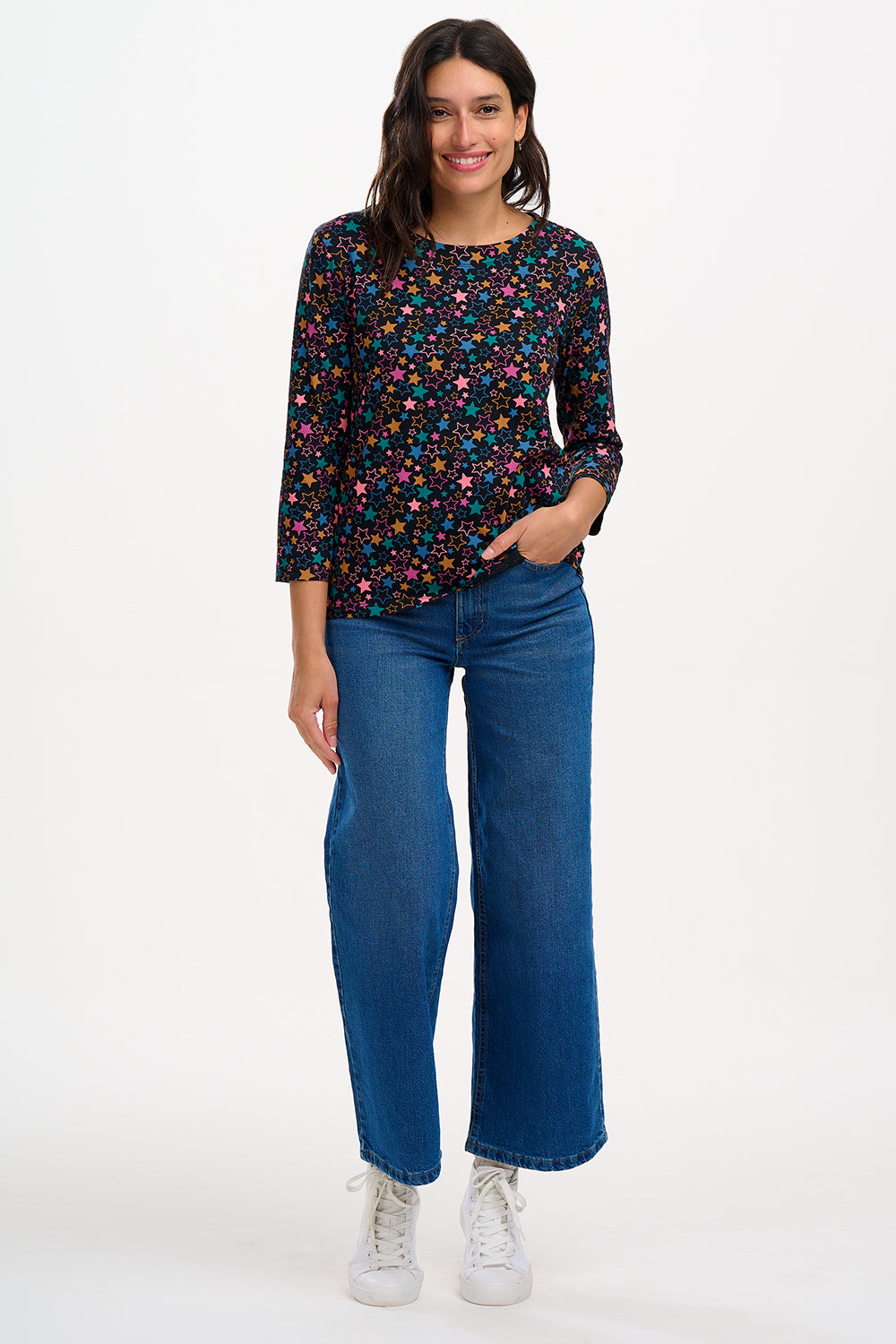 Noor Jersey Top for Women - Black with Multi Star Cluster Print - Soft Stretch Casual T-Shirt for Everyday Wear, Layering & Street Style Outfits