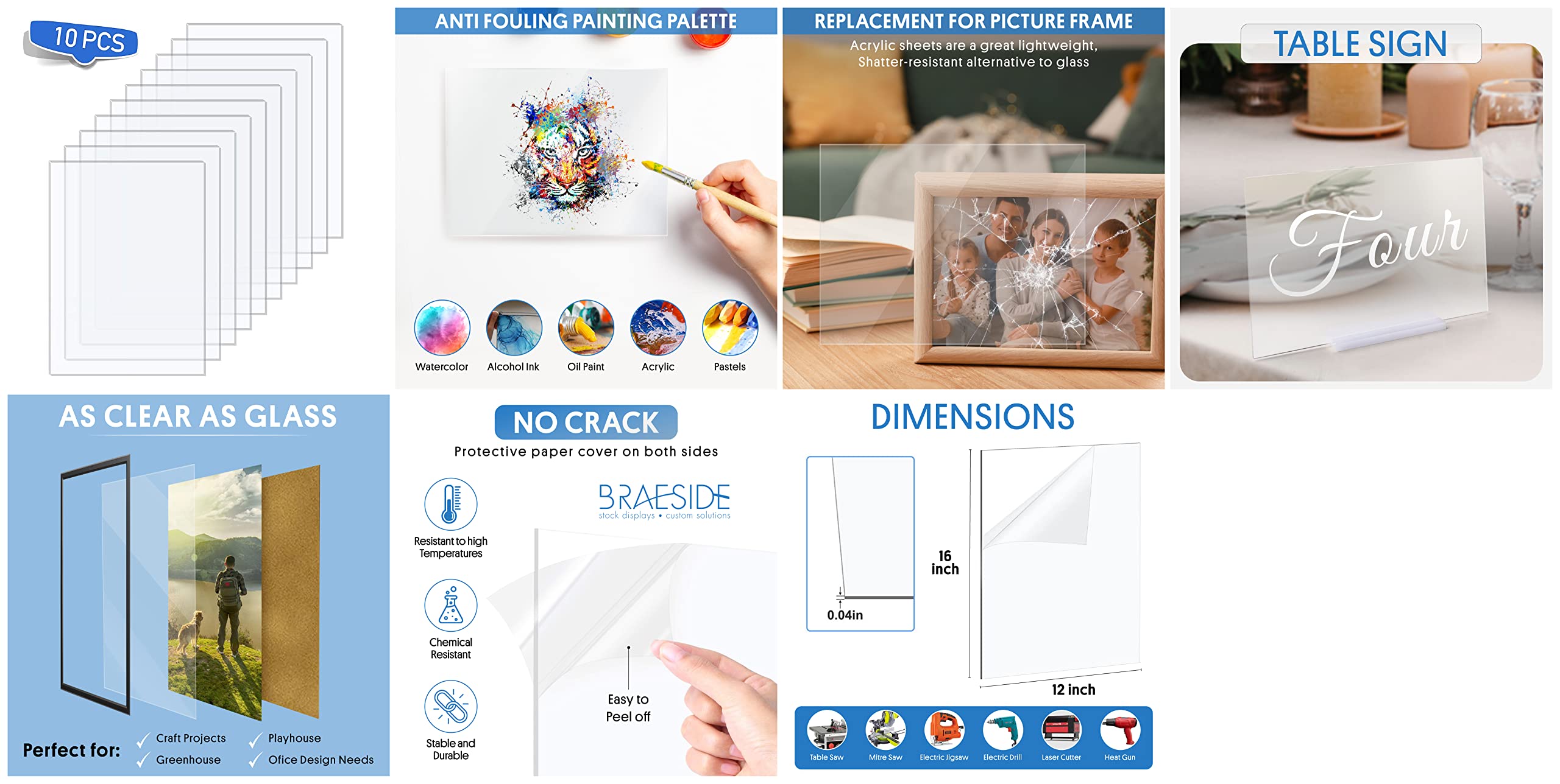 10 Pack Clear Plexiglass PET Plastic Sheets 8x10 Inch - Durable Shatterproof Acrylic Panels for Poster Frames, Picture Frames, DIY Arts & Crafts - Made in USA - Perfect for Home Decor, School Projects & Office Displays