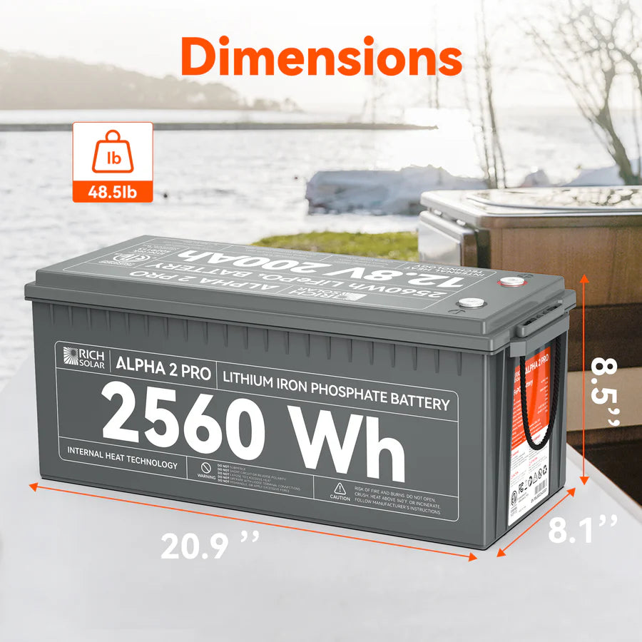 Rich Solar ALPHA 2 PRO 12V 200Ah LiFePO4 Lithium Iron Phosphate Deep Cycle Battery - Perfect for Solar Power Systems, RVs, Marine Applications & Off-Grid Energy Storage