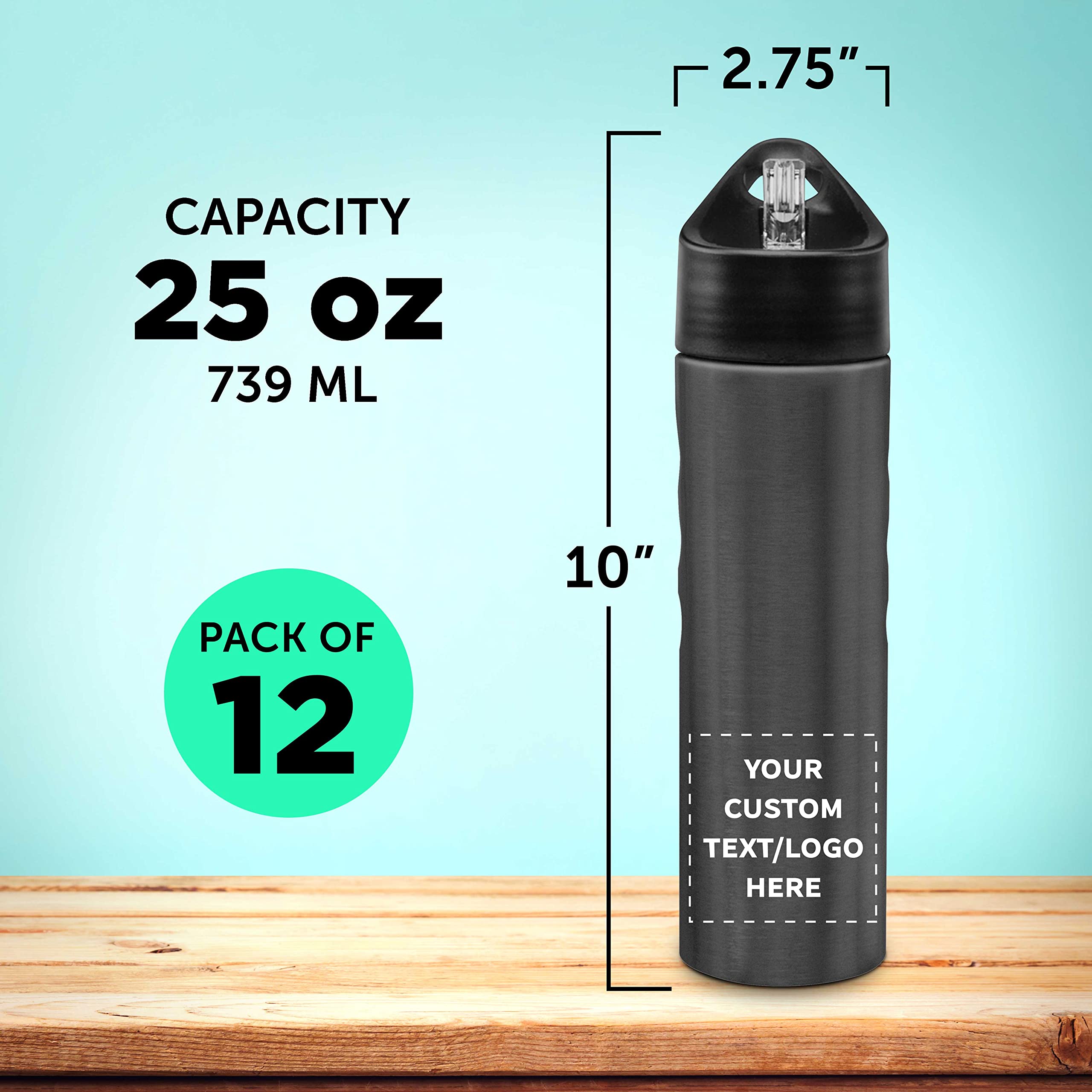 Custom Slim Stainless Steel Water Bottles 25oz - 12 Pack Bulk Wholesale | Personalized Text & Logo | Reusable Gym Sports Bottle | Charcoal Color | Perfect for Workouts, Hiking & Office Hydration