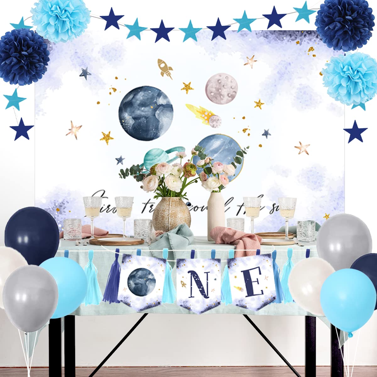 Outer Space First Birthday Decorations - 1st Birthday Banner, High Chair Decor & Party Supplies for Boys | Space Theme Party Decorations for Baby's First Trip Around The Sun Celebration